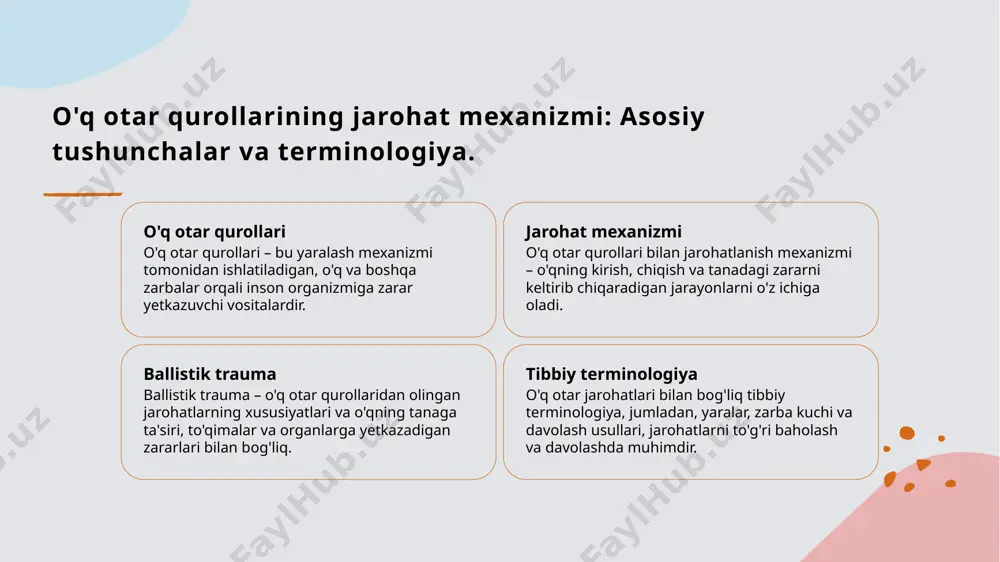 ri klinik belgilari jarohatning turiga qarab farqlanadi. qon ketishi, og'riq va shishish, asosan, jarohatning darajasi va joylashuviga bog'liq. davolash usullari o'q otar jarohatlarini davolashda jarrohlik, antibiotiklar va og'riq qoldiruvchi dori-darmonlar qo'llaniladi. erta tibbiy yordam hayotni saqlab qolishi mumkin. sud tibbiyotida ballistik jarohatlar: tahlil va baholash. sud tibbiyotida ballistik jarohatlar, qurolning ta'sir mexanizmini aniqlash va jarohatlarni baholashda muhim ahamiyatga ega. jarohatlarning xususiyatlari, shuningdek, o'qning tezligi va yo'nalishi, jarohatni tahlil qilishda e'tiborga olinishi lozim. • ballistik jarohatlar tahlili o'qning kuchi va yo'nalishini aniqlaydi. • tahlil natijalari sud jarayonlarida dalil sifatida qo'llaniladi. • sud tibbiyotida ballistik jarohatlarni baholash jarohatlarning og'irligini aniqlashga yordam beradi. photo by jason dent on unsplash klinik davolashda yaralar va ularning xususiyatlari. yaralar turlari davolash usullari reabilitatsiya jarayoni o'q otar jarohatlari turli xil bo'lishi mumkin: penetratsion, fragmentatsion va avvalgi zarba. har bir turi o'ziga xos jarohat mexanizmi va davolash yondashuviga ega. klinikalarda o'q jarohatlarini davolashda jarohatni to'g'ri baholash muhimdir. antiseptiklar, …