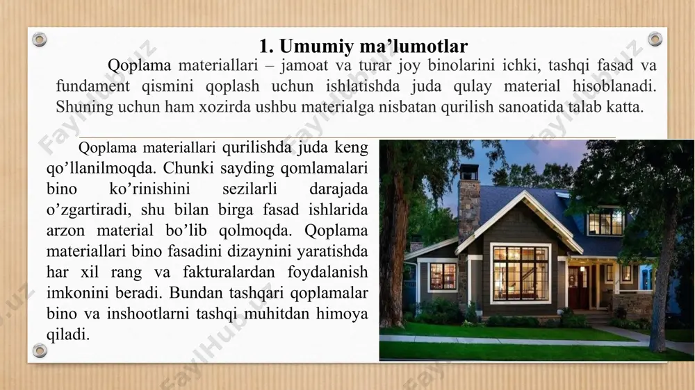ari, o'tish joylari va qorong'uda ularga yaqinlashish "ssbt" talablariga muvofiq yoritilishi kerak. qurilish. qurilish maydonchalari uchun yoritish standartlari." fasad liftlari ishlab chiqarish korxonalarining foydalanish hujjatlarida mavjud bo'lgan qoidalarga muvofiq o'rnatiladi va foydalaniladi. texnik va iqtisodiy ko'rsatkichlar. ish to'rtta ishchidan iborat jamoa tomonidan amalga oshiriladi: montajchi-usta, ikkita montajchi va yordamchi ishchi. quruvchi-usta ustasi ishni nazorat qiladi, ishning bajarilishini muvofiqlashtiradi, o'zini bajaradi va eng muhim operatsiyalarda qatnashadi, ish sifatini nazorat qiladi. fasad tizimlarini o'rnatish bo'yicha tajribaga ega va tegishli malakaga ega bo'lgan ikkita montaj ishchisi ishning asosiy qismini usta rahbarligida bajaradi. yordamchi ishchi quyidagi montaj ishlarini bajaradi: jabhaning sirtini tozalash va tozalash, o'rnatish joyiga katkaslash, izolyatsiyalash, sayding va mahkamlagichlarni olib kelish. o'rnatuvchilar o'zaro almashinish asosida fasadni o'rnatish bo'yicha barcha ishlarni ketma-ket va (yoki) parallel ravishda bajarishga imkon berishi kerak. pvx ning kamchiligi shundaki, 150 daraja va undan ko'p qizdirilganda u odamlar uchun zararli bo'lgan vodorod xlorid va karbon monoksitni chiqara boshlaydi. ammo …