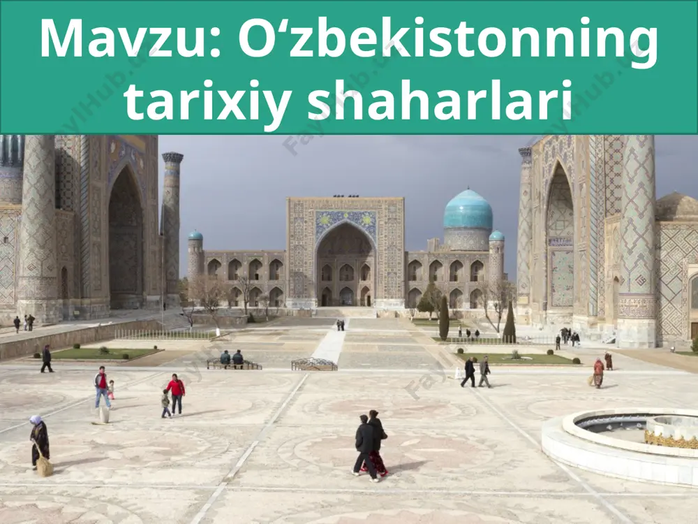 ildi. 2002-yilda shaharning 2700 yilligi nishonlandi va shahrisabz «jahon madaniyati merosi» ro‘yxatiga kiritildi. qarshi shahri. shahar dastlab naxshab, keyinchalik navtaka va nasaf nomlari bilan atalgan. xiv asrdan boshlab esa qarshi deb atala boshlangan. «qarshi» so‘zi saroy, qasr ma’nolarini bildiradi. qarshi shahri bugungi kunda qashqadaryo viloyatining markazidir. o‘zbekiston mustaqilligi yillarida qarshi shahrida ham kata bunyodkorlik ishlari amalga oshirildi. 2006-yilda shaharning 2700 yilligi nishonlandi. termiz shahri. o‘zbekistonning yana bir qadimgi shahri termizdir. bu nom qadimgi baqtriya tilida «narigi sohildagi manzil» degan ma’noni bildiradi. shahar o‘rta osiyoning yirik hunarmandchilik va savdo markazi bo‘lgan. o‘tmishdagi buyuk ipak yo‘lining markazida joylashgan bu shahar turli xalqlarni va ularning madaniyatini o‘zaro bog‘lab turgan. dunyoga mashhur allomalar, muhaddis imom at-termiziy va sufiylik faylasufi hakim at-termiziylar ham shu zaminda tug‘ilshgan. termiz shahri bugungi kunda surxondaryo viloyatining markazidir. 2002-yilda shaharning 2500 yilligi xalqaro miqyosda nishonlandi. hakim at-termiziy majmuasi imom at-termiziy masjidi image2.jpg image3.jpeg image4.jpeg image5.jpeg image6.jpeg image7.jpeg image8.gif image9.jpeg image10.jpeg …