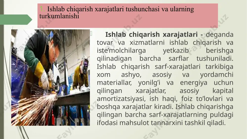 qismi  tvc ga teng. bu yerda chekli o‘zgarmas xarajat fc/q=0 bo‘lgani uchun, chekli xarajat chekli o‘zgaruvchan xarajat mvc ga teng. (mc=mvc). qisqa muddatli davr oralig‘ida alohida firmaning umumiy va o‘rtacha xarajatlari dinamikasi umumiy xarajat ko‘rsatkichlari o‘rtacha xarajat ko‘rsatkichlari ishlab chiqarilgan mahsulot birlikda(q) doimiy xarajatlar summasi (tfc) o‘zgaruvchan xarajatlar summasi (tvc) umumiy xarajat summasi (tc) o‘rtacha doimiy xarajatlar (afc) o‘rtacha o‘zgaruvchan xarajatlar (avc) o‘rtacha umumjy xarajatlar (ats) pirovard xarajatlar (mc) tc o`zg.; mc=q ni o`zg. 1 2=4-3 3=4-2 4=2+3 5=2:1 6=3:1 7=4:1 8=4ni o'zg: lo'zg. 0 100 0 100 100,00 90,00 190.00 100-190=90 1 100 90 190 50.00 85,00 135,0 190-270=80 2 100 170 270 33,33 80,00 113,33 70 3 100 240 340 25,00 75,00 100,00 60 4 100 300 400 20,00 74,00 94,00 70 5 100 370 470 16,67 75.00 91,00 80 6 100 450 550 14.29 77,14 91,43 90 7 100 540 640 12,50 81,25 93,75 110 8 …
