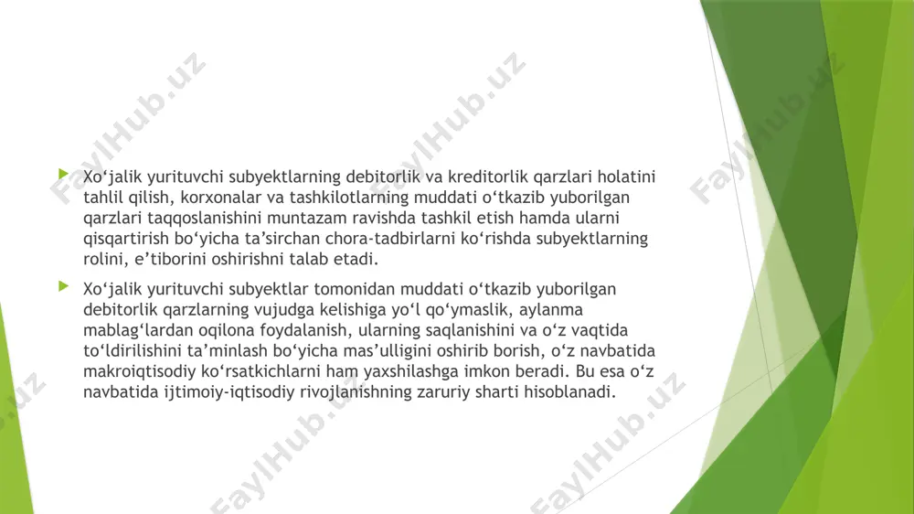 xonaga to‘lashi lozim bo‘lgan muddatli majburiyatlari nazarda tutiladi. kreditorlik majburiyatlari deganda – qarshi tomonga korxonaning to‘lashi lozim bo‘lgan (mol yetkazib beruvchilar va pudratchilarga, ajratilgan bo‘linmalarga, sho‘ba va qaram xo‘jalik jamiyatlariga, kechiktirilgan daromadlar, majburiy to‘lovlar bo‘yicha kechiktirilgan majburiyatlar, boshqa kechiktirilgan majburiyatlar, olingan bo‘naklar, byudjetga to‘lovlar bo‘yicha qarz, sug‘urtalar bo‘yicha qarz, maqsadli davlat jamg‘armalariga to‘lovlar bo‘yicha qarz, ta’sischilarga bo‘lgan qarzlar, mehnatga haq to‘lash bo‘yicha qarz, qisqa muddatli bank kreditlari, qisqa muddatli qarzlar, uzoq muddatli majburiyatlarning joriy qismi va boshqa kreditorlik qarzlari) majburiyatlari nazar tutiladi. majburiyat bu muayyan fuqarolik huquqiy munosabatidan iborat bo‘lib, unga amal qilishi orqali bir shaxs (qarzdor) ikkinchi shaxsga kreditor foydasiga ma’lum bir harakatni bajarishi, mol-mulkni topshirishi, ishni bajarishi, xizmat ko‘rsatishi, pul to‘lashi yoki biror harakatni bajarishdan tiyilishi zarur bo‘lgan holatga aytiladi.40 majburiyatlar shartnomadan, ziyon yetkazish natijasida hamda fuqarolik kodeksida ko‘rsatilgan boshqa asoslardan kelib chiqadi yoki vujudga keladi. majburiyatlar xo‘jalik shartnomalari bandlariga to‘la amal qilmaslik natijasida yuzaga keladi. taraflardan biri …