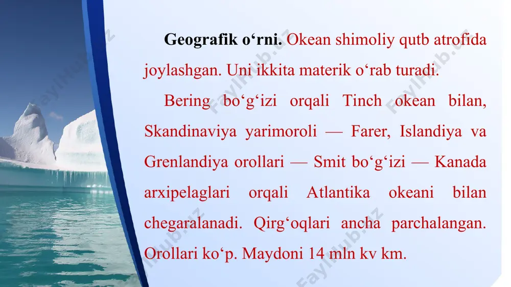 wer-point-templates.com okean tagi 2 000 km masofaga cho‘zilgan lomonosov suvosti tog‘ tizmasi (balandligi 2 500 — 3 300 m) bilan ikki qismga bo‘lingan. bu tizmadan g‘arbda gakkel vulqonli tog‘i va sharqda mendeleyev tog‘ tizmasi parallel cho‘zilgan. tizmalar oralig‘ida amundsen (chuqurligi 4 321 m), nansen (5 449 m), makarov (3 940 m), kanada (3 810 m) va boshqa botiqlar joylashgan. okeanning o‘rtacha chuqurligi 1 225 m, eng chuqur joyi 5 527 m bo‘lib, u grenlandiya dengizida joylashgan. this presentation uses a free template provided by fppt.com www.free-power-point-templates.com iqlimi. okean iqlimining o‘ziga xos xususiyati arktika markazida joylashganligi va yil davomida sovuq havo massalarining hukmronligi bilan ifodalanadi. uzoq qutb tunlari va kunlari 3 — 6 oylab davom etadi. qish oylarida qahraton sovuq (–30 –40 °c) va qorli bo‘ronlar makoniga aylanadi. antarktida havosiga nisbatan iliq. bunga sabab atlantika va tinch okeanlardan iliq va sho‘r suvlarning okean tubi oqimlarini hosil qilib kirib kelishidir. aniqlanishicha, 150 …