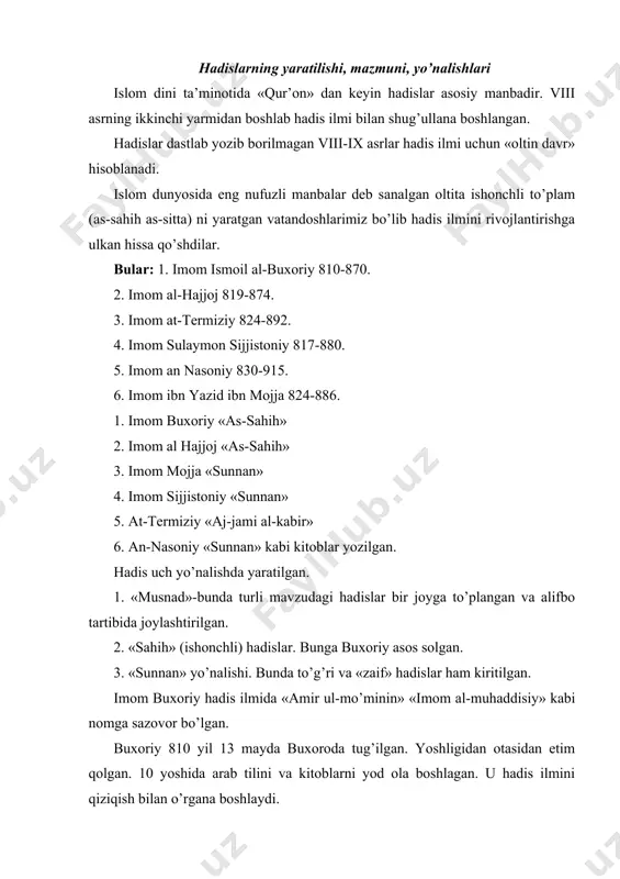abi asarlari mavjud. 4 tomlik «sahih al-buxoriy» asarida payg’ambarimiz hadislaridan tashqari, islom huquqshunosligi, islom marosimlari, axloq-odob, ta’lim-tarbiya, tarix va etnografiyaga oid ma’lumotlar ham berilgan. unga 600 ming hadisdan 7275 ta «sahih» (ishonchli)hadislari kiritilgan bo’lib, shundan 4000 tasi takrorlanmaydigan hadisdir. olim islom olami odob-axloqi va tarbiyasiga bag’ishlab «al-adab al-mufrat» («adab durdonalari») nomli hadis to’plami yaratgan 1322 ta hadisni tashkil qiladi. mashhur muqaddas at-termiziy 824 yilda termiz yaqinidagi bud (hozirgi sherobod tumanida) qishlog’ida tug’ilgan. u 850 yilda safarga chiqadi, makka va madinada bo’ladi. iroq va xurosonda hadis ilmi, fiqx, ilmi al-qiroat, bayon, tarix va boshqa ilmlarni o’rganadi. u 863 yilda o’z vataniga qaytadi. at-termiziy 10 dan ortiq kitoblar yaratgan. bular: «ishonchli to’plam», «payg’ambarning alohida fazilatlari», «hadislardagi illatlar va oqimlar haqida» kabi asarlari mashhurdir. asarlarda insonni halollik, adolat, e’tiqod, diyonat, poklik, mehnatsevarlik, muruvvatlilik, mehr-shavqat, kattalarga ota-ona va qarindoshlarga hurmat ruhida tarbiyalashga katta ahamiyatga ega. islom aqidasiga ko’ra har bir musulmon iymonli bo’lishi kerak. …