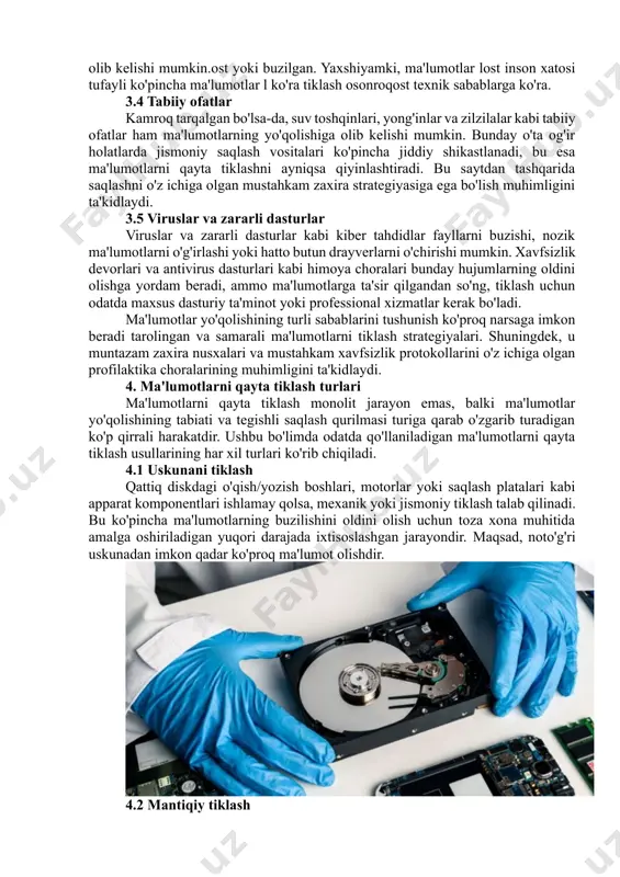 yl tizimini skanerlangost' ma'lumotlarini tiklash va ularni tiklash, bu ma'lumotlarni tiklashning eng oddiy shakllaridan biriga aylantiradi. 2. buzilgan yoki shikastlangan fayllarni skanerlang va ulardagi ma'lumotlarni tiklang. bu faylni tiklash deb ham ataladi. odatda turli xil fayl formatlari uchun siz turli xil fayllarni tiklash dasturlari mahsulotlarini ishlatishingiz kerak. masalan, outlook pst fayllari uchun siz foydalanishingiz kerak outlook-ni ta'mirlash vositalari, uchun sql server ma'lumotlar bazasi fayllari, siz foydalanishingiz kerak sql server qayta tiklash vositalari va boshqalar. 3. 1 va 2 kombinatsiyasi. 4.3 ilg'or texnikalar ma'lumotlarni qayta tiklashning an'anaviy shakllaridan tashqari, ba'zi ilg'or usullar ma'lumotlarni o'ymakorligi yoki fayl tizimini jurnali kabi murakkab jarayonlarni o'z ichiga oladi. ma'lumot o'ymakorligi yuqorida aytib o'tilgan 3-topshiriq kabi xom ma'lumotlardan fayllarni aniqlash va olish amaliyotidir, fayl tizimini jurnali esa o'zgarishlarni qaytarish va qayta tiklash uchun fayl tizimi jurnallarini tahlil qilishni o'z ichiga oladi.ost ma'lumotlar. ma'lumotlarni qayta tiklash muayyan vaziyatlarga moslashtirilgan turli usullarga tayanadigan murakkab va nozik jarayon bo'lishi …