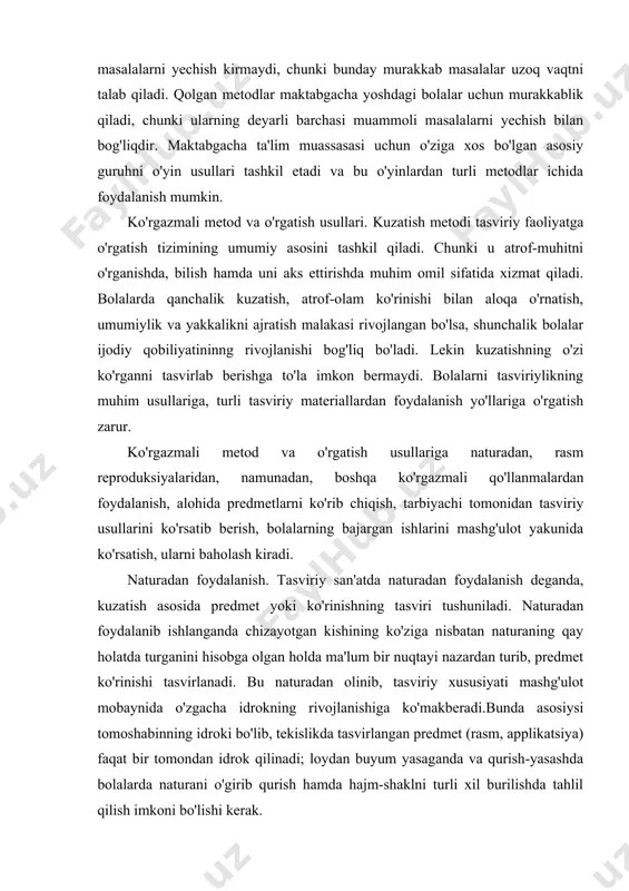 ti mashg'ulot mobaynida o'zgacha idrokning rivojlanishiga ko'makberadi.bunda asosiysi tomoshabinning idroki bo'lib, tekislikda tasvirlangan predmet (rasm, applikatsiya) faqat bir tomondan idrok qilinadi; loydan buyum yasaganda va qurish-yasashda bolalarda naturani o'girib qurish hamda hajm-shaklni turli xil burilishda tahlil qilish imkoni bo'lishi kerak. maktabgacha yoshdagi bolalar bilan ishlashda naturadan foydalanishning ayrim xususiyatlarini ko'rib chiqamiz. natura xotiraning ishini yengillashtiradi, negaki tasviriy jarayon idrok bilan birlashadi, yana esa u predmetning shaklini, tuzilishini, rangini to'g'ri tushunib, yetkazib bera olishga yordam beradi. 4-5 yoshdagi maktabgacha ta'lim bolalarining qobiliyatlaridan qat'i nazar, maktab o'quvchisi yoki rassomning natura bilan ishlashiga nisbatan qaraganda, bolalarning tasvirlangan obyektini tahlil qilishlari, shu natura bilan ishlashlarining o'ziga xos farqi bor. maktabgacha ta'lim bolalari uchun sodda shaklli, aniq chizmali va aniq qismlarga ajratilgan predmet natura sifatida tanlanadi. naturani shunday joylashtirish kerakki, hamma bolalar shu naturani ayni bir xarakterli tomonidan qabul qilishlari kerak. masalan, bolalar mashinani yon tomonidan, qo'g'irchoqni oldidan chizadilar va bunda hajmini yetkazib berolmaydilar. agar …