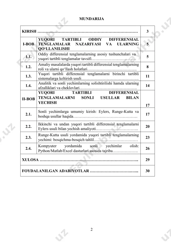 yatga egadir. bugungi ilm-fan va texnologiyalar jadal rivojlanayotgan davrda tabiatdagi turli fizik, kimyoviy, biologik va texnik jarayonlarni modellashtirish zaruriyati ortib bormoqda. kurs ishining maqsadi - ushbu kurs ishining asosiy maqsadi – yuqori tartibli oddiy differensial tenglamalarning sonli usullar yordamida yechilish jarayonini o‘rganish, mavjud algoritmlar asosida yechimlarni qurish va ularning aniqlik darajasi hamda samaradorligini tahlil qilishdan iborat. shuningdek, bu kurs ishi orqali yuqori tartibli differensial tenglamalarning oddiy differensial tenglamalar sistemasiga keltirilishi, turli sonli yechish usullarining qo‘llanilishi, ularning afzallik va kamchiliklarini tahlil qilish, kompyuter yordamida yechimlarni hisoblash va ularni grafik ko‘rinishda ifodalash ko‘zda tutiladi. ish davomida sonli usullarning aniqligi, barqarorligi va amaliy masalalarga tatbiq qilish imkoniyatlari o‘rganiladi. bu esa talabaga matematik modellashtirish va hisoblash metodlari bo‘yicha chuqur bilim va amaliy ko‘nikmalar beradi. kurs ishining vazifalari - 1. oddiy differensial tenglamalar va ularning turlari haqida nazariy bilimlarni umumlashtirish. 2. yuqori tartibli odtlarning umumiy ko‘rinishini va amaliy qo‘llanilishini o‘rganish. 3. odtlarni pastki tartibli tenglamalarga …