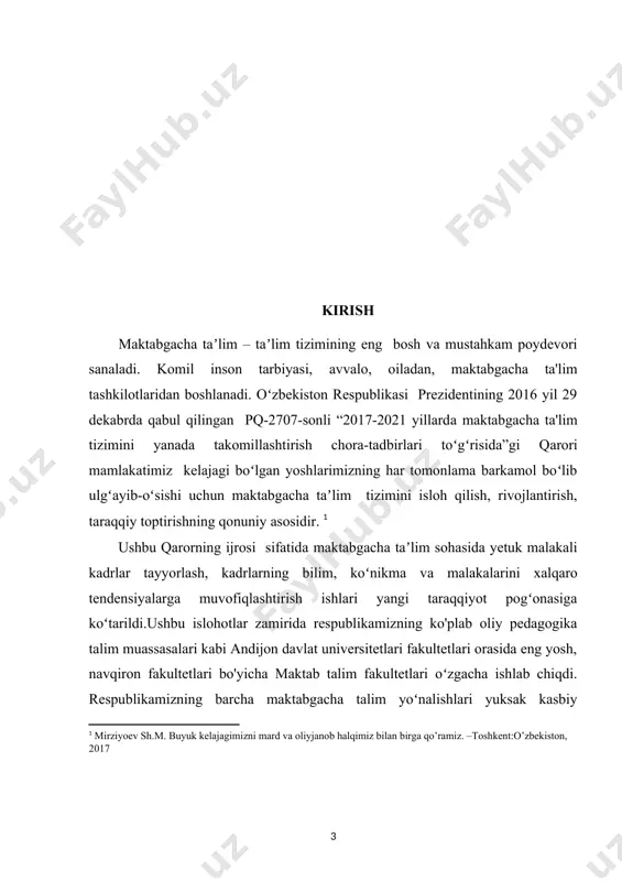 a sifatida belgilab berilgan. albatta, “uzluksiz manaviy tarbiyaning konsepsiyasi” sifatida talim sohasida amalga oshirilayotgan islohotlar oʻz navbatida mamlakimizning kelgusidagi rivojlanishiga zamin qurish kurs ishining maqsadi: maktabgacha ta’limning dolzarb masalalarini o’rganish kurs ishining vazifalari: · maktabgacha ta’lim tashkilotlari xodimlarini tayyorlash masalalarini o’rganib chiqish; · maktabgacha ta’lim tashkilotlarida pedagogik jarayonni tashkil etish; · maktabgacha bolalarni maktab ta’limiga tayyorlash dolzarb masalalarini o’rganish · ta’lim yoshidagi bolalarni talim tarbiyasida ijtimoiy muhitning roli haqida o’rganish · maktabgacha ta’lim sohasida ta’lim samaradorligini oshirishning zamonaviy tandensiyalarini o’rganish i bob. maktabgacha ta’limda kadrlar tayyorlash muammolari 1.1. маktabgacha ta'lim tashkilotlari xodimlarini tayyorlash muammolari ma’lumki, har qanday sohaning taraqqiyoti unda faoliyat korsatayotgan kadrlar sifatiga bevosita bogliq. shu bois har doim ham har qanday mamlakatda kadrlar tayyorlash masalasiga ustuvor siyosat darajasi qaralgan. mamlakatimizda ham talim sohasiga etibor qabul qilingan qonun, chiqarilgan farmon va qarorlar misolida ham oz aksini topgan. mustaqillik yillari talim togrisidagi qonun uch bor yangilanganligining oziyoq bu sohaga hukumatning …