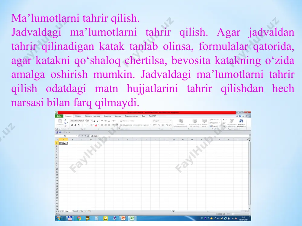 gdek, katakning quyilish rangini taklif etilayoitgan rang palitrasi bo‘yicha tanlash uchun. zashita – himoya qilinadigan katak va formulalar yashirilsin bayruqchasini o‘rnatish uchun. avtoformat. avtoformat buyrug‘ini ishlatib, siz jadvalni tayyorlash uchun zarur bo‘lgan vaqtni tejashingiz mumkin. excelning avtomatik bichimlari – bu raqamli bichimning, shrift, tekislash, ramkalar, bezak, ustunning kengligi va qatorning oldindan belgilangan qo‘shilishidir. avtoformat buyrug‘ini bajarilib ro‘yxat 3 andozasini tanlash va ok tugmasini bosilsa. biz avvalgi ma’ruzada tayyorlagan jadvalimiz quyidagi ko‘rinishni oladi. varaqlarni sohalarga bo‘lish. okno ning sohalari ish varag‘ining bir nechta qismini bir vaqtda ko‘chirib chiqishning boshqacha usulidir. siz kitobning istalgan varag‘ini vertikaliga yoki gorizontaliga bir vaqtning o‘zida bo‘lishingiz mumkin. darchaning sohalari ish varag‘ining turli qismlarini sinxron aylantirib ko‘rish imkonini taqdim etadi. bo‘lishni bajarish uchun вид menyusidan razdelit buyrug‘ini olib tashlash buyrug‘idan foydalanish mumkin. bir vaqtning o‘zida sohalarni qayd etib sohalarga bo‘lish. buning uchun вид menyusidagi zakrepit oblasti buyrug‘dan foydalanish mumkin. okno bo‘linadi va faol katakdan yuqorida va chapda …