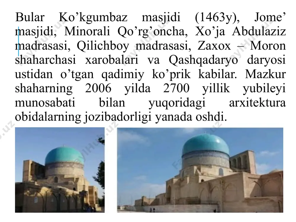 n kulol qabrining oyoq tomoniga dafn etildi. maqbara to`g`ri to`rtburchak shaklda qurilgan bo`lib, kirish qismiga ulkan gumbaz ishlangan, dastlabki qo`yilgan ikkita katta ustun va asosiy poydevor bugungi kungacha saqlangan, devor va gumbazlar amir temur davriga xos o`ymakor g`ishtdan bezak va jilva bilan bezatilgan. xo`ja jarroh yodgorlik majmuasi majmua xiv asrga oid bo`lib, hozirgi qarshi shahrining xudoyzod mahallasida joylashgan. rivoyatlarga ko`ra, sohibqiron amir temur xiv asr oxirlarida shom va iordaniya yerlarini zabt etgan paytda ulug` sahobalardan biri abu ubayda omir ibn abdumoh ibn al-jarroh qabri xokidan keltirib, qarshi shahrida dafn ettirgan va u yerga maqbara qurdirgan. al-jarroh birinchi bo`lib "amirlarning amiri ", degan laqab olgan. husam ota majmuasi xiv, xvi, xix asrlar. hazrat husam ota asli makkadan movarounnahrga hijrat qilgan din arbobi bo`lib, tedyon va pedyon qishloqlariga asos solgan hamda yerli aholi orasida islom dinini targ`ib qilgan. u 1090-1091 yillarda olamdan o`tgan. husam ota va avlodlari dafn etilgan qabr ustiga uning …