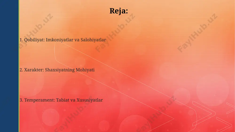 reaksiya tezligi bilan ajralib turadi. orttirilgan xususiyatlar, masalan, mas'uliyatlilik yoki halollik, shaxsning ijtimoiy muhit bilan o'zaro ta'siri natijasida 18 yoshga kelib shakllanadi va umr bo'yi rivojlanadi. qobiliyatlarni rivojlantirish qobiliyatlarni rivojlantirishda 10 000 soatlik qoida muhim rol o'ynaydi, bu mahoratni yuqori darajaga yetkazish uchun zarur bo'lgan mashq va amaliyot vaqtini bildiradi. o'z ustida ishlash strategiyasi sifatida maqsadli o'rganish, ya'ni 20% nazariya va 80% amaliyotga asoslangan yondashuv, qobiliyatlarni tezroq rivojlantirishga yordam beradi. intellektual qobiliyatlarni rivojlantirish uchun miya gimnastikasi, masalan, mantiqiy topshiriqlarni muntazam bajarish, xotirani va diqqatni yaxshilashga olib keladi va natijada 30% gacha samaradorlikni oshirishi mumkin. xarakter va ijtimoiy moslashuvchanlik ijtimoiy moslashuvchanlikni baholashda, 5 omillik shaxsiyat modeli (big five) kabi psixometrik testlar 50% dan ortiq aniqlik bilan xarakter xususiyatlarini aniqlay oladi. xarakterdagi ekstraversiya yoki introversiya darajasi ijtimoiy moslashuvchanlikka sezilarli ta'sir ko'rsatadi; taxminan 70% ekstravertlar osonlikcha yangi muhitga moslashadi. o'z-o'zini boshqarish va emotsional barqarorlik kabi xarakter xususiyatlari ijtimoiy moslashuvchanlikning muhim prediktorlari hisoblanadi; ularning …