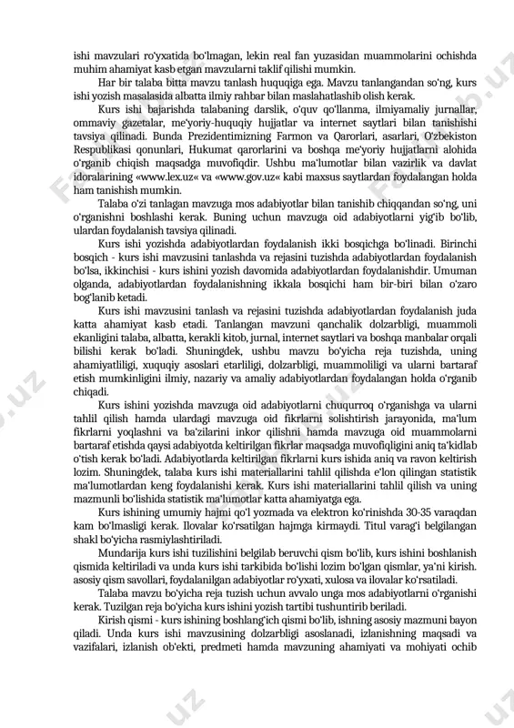 ham talabalar tomonidan fan o‘qituvchisi yoki kafedra tomonidan avvaldan taqdim etilgan mavzular ro‘yxatidan tanlanadi. talabalarning tanlagan mavzulari bir xil bo‘lib qolmasligi lozim. talabalarning mavzu tanlash imkoniyati keng bo‘ishi ko‘zda tutilgan talabalar soniga nisbatan ikki barobar ko‘p bo‘lishi tavsiya etiladi. kurs ishi mavzulari ro‘yxati har yili kafedra tomonidan yangi va dolzarb muammolarni yoritishga asos bo‘ladigan mavzular bilan yangilanib turilishi va o‘quv yilining 1 oktyabriga qadar tanishish uchun talabalarga berilishi kerak. talabalar mavzu tanlashda o‘qituvchilar bilan maslahatlashishlari mumkin. u ro‘yxatdagi mavzulardan xohlaganini tanlash huquqiga ega. bundan tashqari, talaba kurs ishi mavzulari ro‘yxatida bo‘lmagan, lekin real fan yuzasidan muammolarini ochishda muhim ahamiyat kasb etgan mavzularni taklif qilishi mumkin. har bir talaba bitta mavzu tanlash huquqiga ega. mavzu tanlangandan so‘ng, kurs ishi yozish masalasida albatta ilmiy rahbar bilan maslahatlashib olish kerak. kurs ishi bajarishda talabaning darslik, o‘quv qo‘llanma, ilmiyamaliy jurnallar, ommaviy gazetalar, me‘yoriy-huquqiy hujjatlar va internet saytlari bilan tanishishi tavsiya qilinadi. bunda prezidentimizning farmon …