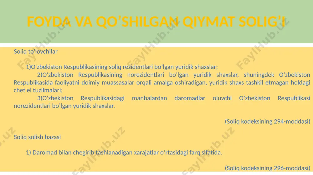 si) to'lov muddati soliq summasi bazaviy hisoblash miqdorining 200 barobardan yuqori korxonalar har oyning 20-sanasidan kechiktirmay, soliq summasi bazaviy hisoblash miqdorining 200 barobardan kamroqni tashkil etadiganlar har choragi uchinchi oyining 20-sanasidan kechiktirmay. (soliq kodeksining 448-moddasi) mol-mulk va yer solig’i soliq to'lovchilar oʼzbekiston respublikasi hududida soliq solinadigan mol-mulkka ega boʼlgan yuridik shaxslar soliq solish obyektlari -ko'chmas mulkka bo'lgan huquqlarni davlat roʼyxatidan oʼtkazuvchi organlarda roʼyxatdan oʼtkazilishi lozim boʼlgan binolar va inshootlar; -qurilishi tugallanmagan obʼektlar; soliq bazasi -to'liq amortizatsiya qilingan binoning qayta baholangan (bozor) qiymati; -bino va inshootlar; -normativ muddatda tugallanmagan qurilish obʼektining oʼrtacha yillik qiymati; soliq stavkasi -bazaviy stavka 2%; -qurilishi normativ muddatda tugallanmagan obʼektlarga nisbatan soliq stavkasi 4 foiz miqdorida; soliq davri -kalendar yil soliq davri. yer solig’i soliq to&amp;apos;lovchilar soliq solish obyektlari soliq bazasi soliqstavkasi mulkhuquqi,egalikqilishhuquqi,foydalanishhuquqiyokiijarahuquqiasosidayeruchastkalarigaegaboʼlganyuridikshaxslar mulkhuquqi,egalikqilishhuquqi,foydalanishhuquqiyokiijarahuquqiasosidayuridikshaxslardaboʼlganyeruchastkala yeruchastkasiningsoliqsolinmaydiganyeruchastkalarimaydonlarichegiribtashlanganholdagiumumiymaydoni. yermaydonixususiyatidankelibchiqqanholda1gektaruchunbelgilangansoliqsummasi. ijtimoiy soliq soliq to&amp;apos;lovchilar soliq solish obyektlari soliq bazasi soliqstavkasi soliqhisobotlarinitaqdimqilishtartibi oʼzbekistonrespublikasiningyuridikshaxslari; ishhaqitoʼlashgadoirxarajatlari toʼlanadiganxarajatlarsummasi. byudjettashkilotlari25%; boshqatoʼlovchilaruchun12% yilningharoyida,hisobotdavridankeyingioyning15-kunidankechiktirmayyilyakunlariboʼyichayillikmoliyaviyhisoboti25 martkunidankechiktirmay aylanmadan olinadigan soliq …