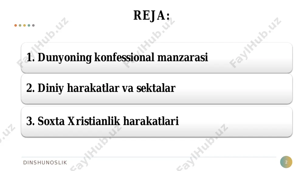 o‘lgan dinning mohiyatini tushunish, uning inson va jamiyat hayotidagi o‘rnini anglashga bo‘lgan e'tiborning kuchayishini keltirib chiqarmoqda. dinga bo‘lgan qiziqishning kuchayishi bugungi kunda kishilik jamiyati oldida turgan muammolar, insonning ularni hal qilish yo‘llari haqidagi o‘y- izlanishlari, dunyoviy va diniy qadriyatlar uyg‘unligini ta'minlagan holda bugungi kunning og‘ir va murakkab savollariga to‘laqonli javob topishga intilishi bilan bog‘liq dinshunoslik dunyoning konfessional manzarasi 7 yangi diniy harakatlar (yadh) deganda odatda xx asrning 70-yillarida yevropa va aqshda tarqalgan noan'anaviy diniy guruhlar va oqimlar nazarda tutiladi. tadqiqotchilar bunga an'anaviy dinlardagi inqiroz davri sabab bo‘lganligini ta'kidlaydilar. yadh liderlari jamiyat kayfiyatidagi o‘zgarishlarni, bu “o‘tkinchi dunyo”ning nuqsonlarini fosh qilib, o‘zlarini “xaloskor”, yuksak axloqli “haqiqatgo‘y” sifatida ko‘rsatdilar. yadh to‘riga ko‘proq yoshlar ilinadilar. dinshunoslik 8 yadh qat'iy ta'limotga ega bo‘lmagan tashkilot bo‘lib, uning faoliyati lider roli bilan belgilanadi. liderlar an'anaviy diniy qadriyatlarga qarshi tashviqot ishlarini olib boradilar. diniy hayot maxsus ishlab chiqilgan tartib qoida va nizomlar orqali amalga oshiriladi. yadhning ba'zilari dunyoning …
