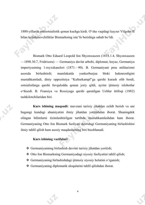 bo’ldi. birlashtirish qurol orqali amalga oshirildi. prussiya hududini kengaytirgan va imperiyaning yaratilishiga olib kelgan uchta urush bo’lgan. avstriya va frantsiya eng ko’p jabr ko’rgan, chunki ular ba’zi hududlardan voz kechishga majbur bo’lgan va qo’shimcha ravishda ularning siyosiy kuchlari pasaygan. napoleon urushlari oxirida muqaddas germaniya imperiyasiga tegishli bo’lgan barcha hududlarni bir xil davlatga birlashtirish g’oyasi ustun kela boshladi. 1815 yilda bo’lib o’tgan vena kongressi bu maqsad uchun millatchilik talablarini qondirmadi. birlashmasidan oldin germaniya 39 xil shtatlarga bo’lingan edi. ham siyosiy, ham iqtisodiy, ham harbiy jihatdan eng ko’zga ko’ringanlari avstriya imperiyasi va prussiya qirolligi edi. birlashish jarayonining ikki qahramoni prussiya qiroli vilyam i va uning kansleri otto von bismark edi. ikkalasi ham birlashgan germaniya maqsadiga erishish uchun manevr qilishni boshladilar va bu qit’a markazining buyuk kuchiga aylandi. otto von bismark 18-asrning ikkinchi yarmi davomida evropa tarixidagi eng muhim shaxslardan biri bu temir kantsler laqabli otto von bismark edi. nafaqat germaniyani birlashtirishdagi roli …