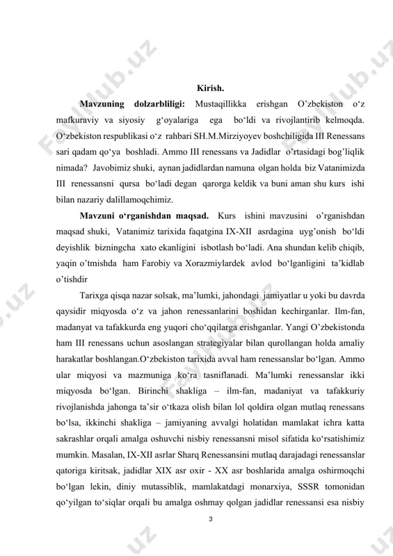 qila olmaganligini go‘yoki isbotlamoqda. lekin renessansga uning mezoni sifatida o’z oqibatida vujudga kelmish tinchlik, ijtimoiy ongning uyg‘onishi, inson tushunchasining qadrlanishi va xalq ongida va shuurida ijobiy fazilatlarning vujudga kelishini mezon qilib oladigan bo’lsak renessansning mohiyatini o’zgartirga emas, ayni tomiriga tushgan bo’lardik. savol tug’ulishi mumkinki, bu bilan renessans va inqilob o’rtasidagi chegara olib tashlanmadimi? men aytgan bo’lardim yo’q. chunki, birinchidan inqilob bu neytral tushuncha bo’lib, tarix ham adolatli va ham adolatsiz inqiloblarga guvoh bo’lgan, ammo adolatsiz renessanslarga emas. ikkinchidan, renessans adolatli inqiloblarga debocha bo’la oladi va inqiloblar renessansdan ko’ra kengroq tushuncha: siyosiy, ilmiy, ijtimoiy inqiloblar va hokazo. umuman olgand, ushbu kurs ishida mana shunday murakkab savollarga tanqidiy va tahliiy javob izlab va atroflicha javob beramiz. asosiy qism. jadidchilik” faoliyatining shakllanishi. xix asrning oxiri va xx asr boshlarida turkiston ijtioiy-siyosiy hayotida jadidchilik harakati keng quloch yoyib rivojlandi. “ jadid” – arabcha yangi usul degan ma’noni anglatadi. jadidchilik harakati turkistonda xix asrning oxirida …