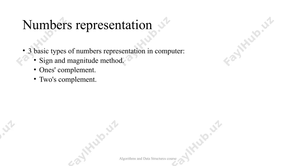10 = 0010 01012 >> 410 = 0000 00102 = 210 algorithms and data structures course bitwise operations manipulations i-th power of 2: 1 << i change i-th bit of number n to 1: n = n | (1 << i); change i-th bit of number n to 0: n = n & ~(1 << i); toggle i-th bit of number n: n = n ^ (1 << i); check if i-th bit is 1: if(n & (1 << i) != 0) algorithms and data structures course bitwise operations problem: single number you are given an array of integers. every element appears twice, except for one. you need to find the element that appears only one time. your solution should have a linear runtime complexity (o(n)). try to implement it without using extra memory. examples: algorithms and data structures course input output 5 3 5 2 2 3 5 7 …