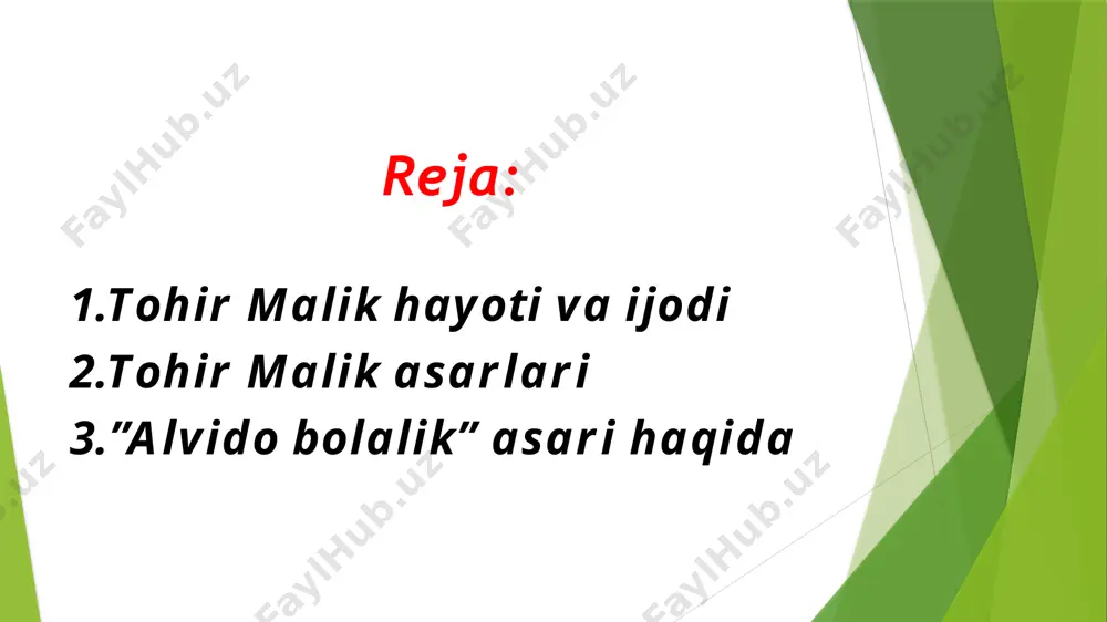 qanlarida ikkinchi sinfda oʻqirdim. dastlabki mashqlarim oʻshanda boshlangan. ammo yozganlarimni talabchan togʻamga koʻrsatishga choʻchir edim.» dastlabki ijod namunalari dastlabki hikoyasi 1960-yilda gulxan jurnalida chop etiladi. 1963-yilda tohir malik toshkent davlat univeritetining kechki jurnalistika boʻlimiga oʻqishga kirib, kunduzi qurilishda duradgor, gʻisht teruvchi boʻlib ishlay boshlaydi. u ijodga doir mashqlarni davom ettirrib, togʻasining: "oʻzing yaxshi bilmagan narsani yozma", "boshqalar yurgan yoʻldan yurma, oʻz yoʻlingni top" degan ikki oʻgitiga hamisha amal qilgan. bolalarga atab yozilgan hikoyalari bilan badiiy adabiyot sirlarini oʻrgangan tohir malik keyinchalik oʻzbek adabiyotida kam eʼtibor berilgan fantastika janriga qoʻl uradi va bir qator asarlari bilan kitobxonlar eʼtiborini qozongan. uning talabalik yillari yozilgan hikmat afandining oʻlimi asari oʻzbek adabiyotining fantastika yoʻnalishida yaratilgan birinchi qissa hisoblanadi. yozuvchining bir qator asarlari rus va boshqa tillarga tarjima qilingan. soʻnggi oʻq asari asosida yetti qismli, shaytanat asari asosida yigirma qismli badiiy film suratga olinib, namoyish etilgan. mehnat faoliyati tohir malik oʻnga yaqin radiop’esalar, hujjatli film …