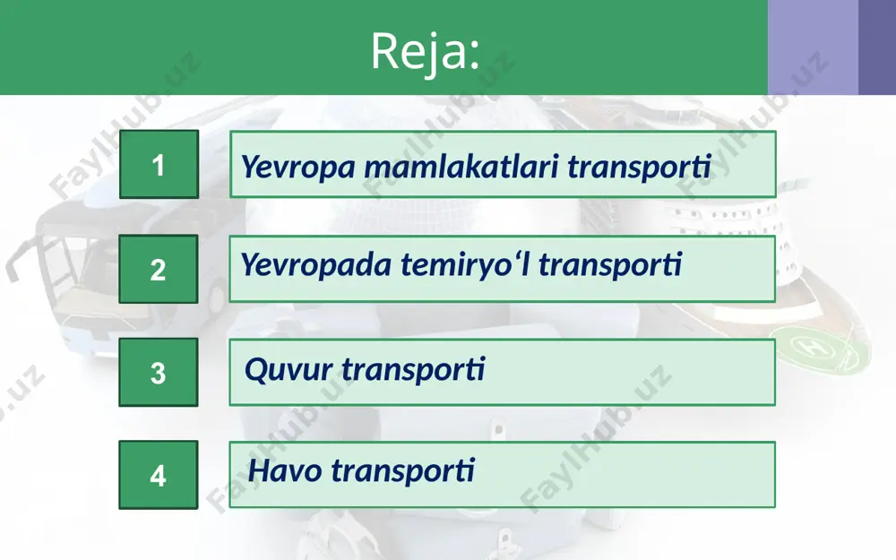 dengizlari akvatoriyalarida ham faoliyat ko‘rsatmoqda. hozirgi vaqtda yevropani markaziy osiyo bilan bog‘lovchi «nabukko» gaz quvuri barpo qilinmoqda. yevropa mamlakatlarida dengiz transporti ham, ichki suv transporti ham rivojlangan. dunyoda yuk aylanmasi yiliga 200 mln. tonnadan yuqori bo‘lgan dengiz portlari ichida rotterdam porti (300 mln. t) nafaqat niderlandiyada, balki butun dunyoda tengi yo‘q hisoblanadi. havo transporti buyuk britaniya, fransiya, gfr va rossiyada yaxshi rivojlangan bo‘lib, bir yilda 60 mln. yo‘lovchini tashuvchi london, frankfurt- mayn, parij shaharlari keskin ajralib turadi. image2.jpg image3.jpeg image4.jpeg image5.jpeg image6.jpeg image7.jpeg image8.jpeg image9.jpeg image10.jpeg image11.jpeg image12.jpeg image13.jpeg image14.jpeg image15.jpeg image16.jpeg image17.jpeg image18.jpeg image19.jpeg image20.jpeg image21.jpeg image22.jpeg image23.jpeg image1.jpg