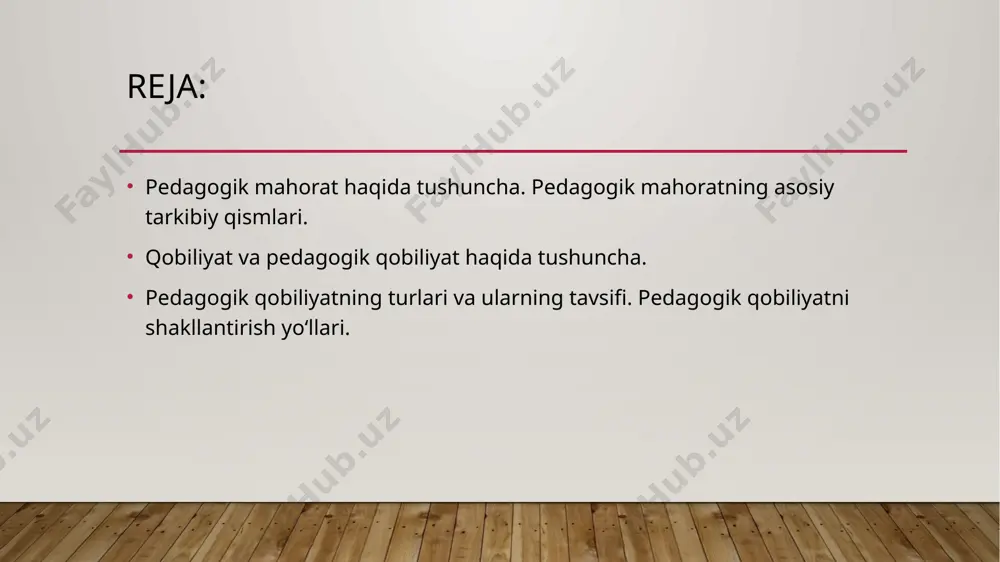 a molik bo'ladi. mahorat – bu alohida qudrat. haqiqiy usta mehnat faoliyati chog'idagina go'zal bo'lganidek, mohir – tajribali o'qituvchi o'quv jarayonini tashkil etishda, olib borishdagi mahorati, pedagogik ishga qobiliyatliligi bilan jamoasi orasida obro' ortiradi va pedagoglik faoliyatini go'zallashtiradi. pedagogik mahoratga etishish o'qituvchining muayyan shaxsiy sifatlari bilan amalga oshadi. pedagogik mahoratning mazmunida quyidagi o'zaro bog'liq bo'lgan asosiy qismlarini ajratish mumkin: 1. pedagogik insonparvarlik yo'nalishi. 2. ixtisos-mutaxassislikka doir bilimlar. (kasbiy bilimlar) 3. pedagogik qobiliyat. 4. pedagogik texnika (ko'nikma-iqtidor). o'qituvchilik dunyodagi eng qadimgi kasblardan biridir. uning ijtimoiy ahamiyati hech qachon kamaymaydi, so'nmaydi. o'qituvchilik kasbi bir qator muhim talablarga javob berishi kerak. pedagogik mahorat asosan o'qituvchining faoliyatida namoyon bo'ladi. o'qituvchi o'z faoliyatida pedagogik mahoratga erishish uchun o'z faoliyatini boshqarish qobiliyati, yuqori bilim, etarli malaka va ko'nikmalar bo'lishi talab qilinadi. pedagogik mahoratni egallash uchun o'qituvchi doimo o'z ishini tahlil qila bilishi, o'ziga o'quvchilar nazari bilan qaray olishi va kamchiliklarni tuzatish uchun tinimsiz izlanishi zarur. o'qitish …