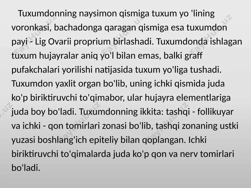 liy qoplangan. ikkilamchi (o’suvchi) follikul nisbatan yirik o’lchamdagi ovosit saqlaydi, uning atrofini bir necha qavat xosil qilib epiteliyositlar (follikullar xujayralar) o’rab turadi. follikulyar xujayralar orasida kichik bo’shliqlar paydo bo’ladi, tashqi biriktiruvchi to’qimali parda shakillanishi boshlanadi. tuxumdon. sariq tananing gullash fazasi. bo'yalishi: gem-eozin. 1 - lyuteinotsitlar: 2 – teka-lyuteinotsitlar; 3 - siyrak tolali biriktiruvchi to'qima qatlami va 4 - qon kapillyarlari. uchlamchi yoki yetuk follikul- eng yirigidir. ovosit uning qutbida joylashgan. follikul ichida kata bo’shli bo’lib eozinofil follikulyar suyuqlik bilan to’lgan. ovotsit xususiy pardalarga ega: yaltiroq, nurli toj va fallikulyar xujayralarning donador qavati. fallikul devori fallikulyar qavatdan iborat, uning tashqi tomonidan esa biriktiruvchi to’qimali parda joylashgan, parda 2 qavatdan iborat: theca interna va theca externa. ichki siyrak briktiruvchi to’qimadan iborat bo’lib tuxumdon. sariq tana qismi. bo'yalishi: gem-eozin. 1 - donador lyuteinotsitlar: 1.1 - tsitoplazma- dagi yog' tomchilari; 2 – qon kapillyarlari. mayda qon tomirlar tutadi va yumaloq yadroli yirik xujayralar saqlaydi …