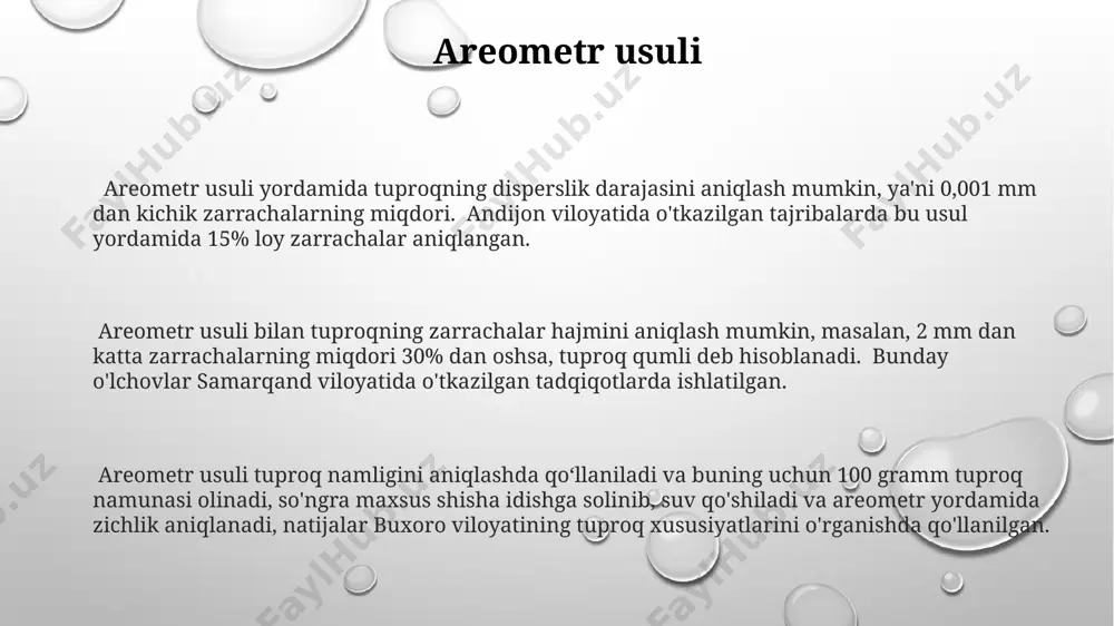 chburchak diagrammasi yordamida 10 dan ortiq tuproq turi aniqlanadi, jumladan, qumli, gil va qumloq tuproqlar, ularning nisbati 1:1:1 dan 9:1:0 gacha o'zgarib turadi. tuproqning mexanik tarkibining o'simliklarga ta'siri tuproqning mexanik tarkibi, masalan, 60% qum va 40% gil aralashmasi bo'lgan tuproq, o'simliklarning ildiz tizimining rivojlanishiga samarqand viloyatida o'tkazilgan tadqiqotlarga ko'ra, ijobiy ta'sir ko'rsatadi, chunki u havo va suv o'tkazuvchanligini yaxshilaydi. og'ir gil tuproqlarda (gil miqdori 70% dan yuqori), suvning turg'unligi kuzatilib, o'simliklarning kislorod etishmasligidan aziyat chekishi, natijada hosildorlikning 20-30% ga pasayishi mumkin, masalan, farg'ona vodiysida paxta yetishtirishda. eng yaxshi tuproq mexanik tarkibi deb hisoblangan qumloq tuproqlar (qum, gil va loyning optimal nisbati), andijon viloyatidagi bog'larda o'simliklarning o'sishini tezlashtiradi va 15-25% gacha hosildorlikni oshirishi mumkin, chunki suv va ozuqa moddalarining o'simliklarga yetkazilishi yaxshilanadi. cho'kindi zarrachalari чўкинди заррачаларининг ўлчами 0,002 мм дан кичик бўлиб, булар асосан лой ва майда кулдан иборат бўлиб, ўзбекистоннинг қумли чўл ҳудудларида камроқ учрайди. чўкинди заррачаларининг минерал таркиби кварц, …
