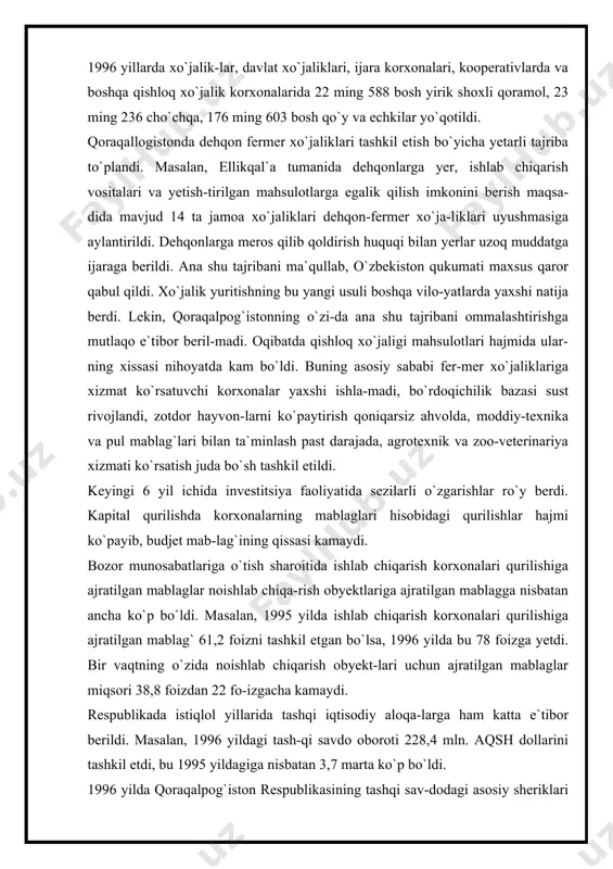 sulotlarining 95 foizini tashkil etdi. tashqi savdo oborotida importning salmogi 1996 yilda 46,2 foizni tashkil qildi. uning hajmi 1995 yildagiga nis-batan 3,4 marta ko`gtaydi. import mahsulotlari tarkibida aso-san xalq iste`mol mollari 60,9 foiz, qora va rangli metallar 18,9 foiz, oziq-ovqat mahsulotlari 13,1 foizni tashkil etdi. uzoq g`arb mamlakatlaridan keltirilgan mahsulotlar 70,1 million aqsh dollariga teng bo`lib, bu jami importning 66,4 foizini tashkil qildi. yaqin xorijiy mamlakatlardan res-publikaning 130 korxonalari orqali 35,4 million dollarlik mahsulotlar olib kelindi. yaqin xorijiy mamlakatlardan aso-san shakar, bugdoy, mashina va jihozlar, agregatlar va ular-ning ehtiyot qismlari, quvurlar, avtomashinalar, ishlab chiqa-rishni komplektlovchi materiallar va boshqa turdagi mahsu-lotlar keltirildi. qoraqalpog‘iston respublikasi o‘zbekistonning shimoli-g‘arbiy qismida, amudaryoning quyi qismi, orol dengizining janubiy sohilida joylashgan. respublika janubi-g‘arb tomondan qoraqum sahrosiga tutashgan. uning shimoli-g‘arbida ustyurt pasttekisligi, shimoli-sharqiy tomonida esa qizilqum sahrosi yastanib yotibdi. orol dengizining janubiy hududi qoraqalpoq zaminida joylashgan. qoraqalpog‘iston umumiy er maydoni 166,6 ming kvadrat kilometrdan iborat bo‘lib, u hududining …