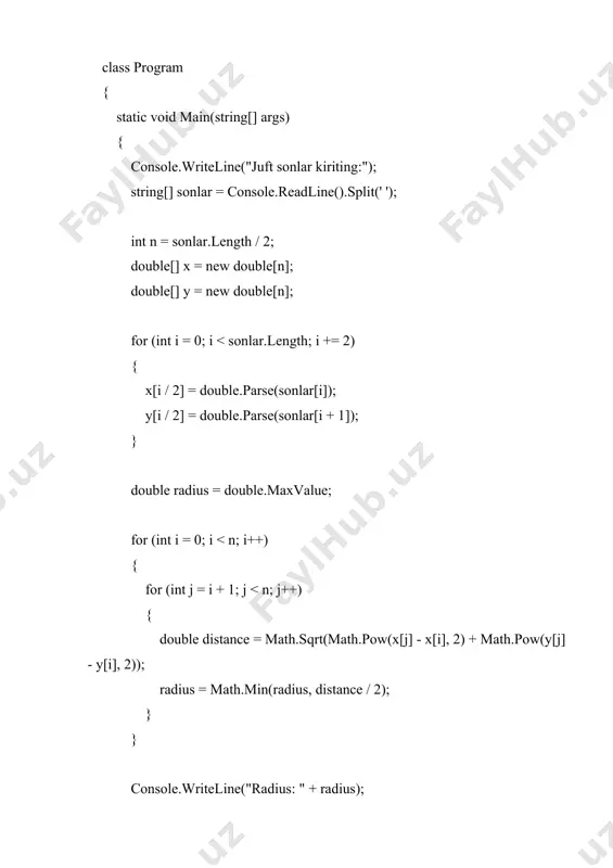 = "bu yerda matn bo'ladi. bu yerda matnning ichida belgilar soni aniqlanadi."; int count = 0; foreach (char c in text) { if (c != ' ' && c != '.' && c != ',') { count++; } } console.writeline("matndagi belgilar soni: " + count); } } } 8.72 ta satrda sózlar berilgan. izlanayotgan sózdan boshlangan sózlar berilgan 2 ta satrdan ham izlansin va topilgan sózlar 1- satrdan , 2 - satrdan topilgan deb natija chiqarsin. 2-satrdagi topilgan sózlar miqdori hisoblansin. c# kodi using system; namespace findwords { class program { static void main(string[] args) { string text1 = "bu yerda matn bo'ladi. bu yerda matnning ichida belgilar soni aniqlanadi."; string text2 = "matning ichida aniqlangan belgilar soni."; string[] words1 = text1.split(' ', '.', ','); string[] words2 = text2.split(' '); console.writeline("1-satrdan topilgan so'zlar:"); foreach (string word in words1) { if (!string.isnullorempty(word)) { console.writeline(word); } } console.writeline("2-satrdan topilgan so'zlar miqdori: " …
