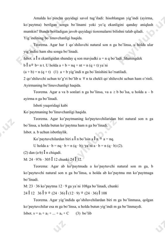 i natural n ga bo’linsa u holda a · b ko’paytma natural n ga bo’linadi. isbot. teorema shartiga ko’ra a = nq + r1 (1) b = nt + r2 va (r1 r2) = np (2) bu qiymatlarni a · b ga qo’ysak a · b = (nq + r1)(nt + r2)= n (nqt + qr2 + tr1)+ r1 · r2 (3) (3) birinchi qo’shiluvchsida n ko’paytuvchi bo’lgani uchun ikkinchi qo’shiluvchisi esa teorema shartiga ko’ra natural n ga bo’linadi. demak yig’indining bo’linuvchaligi haqidagi teoremaga ko’ra a · b ham natural n ga bo’linadi, ya’ni a · b n isbot bo’ldi. ushbu teorema n ta ko’paytuvch bo’lgan hol uchun ham va o’nli bo’lmagan boshqqa sanoq sistemalari uchun ham o’rinli ekanligini yuqoridagi kabi isbotlash mumkin. foydalanilgan adabiyotlar: 1. l.p.stoylova, a.m.pishkalo “boshlang’ich matematika kursi asoslari”, darslik, toshkent, “o’qituvchi”-1991 yil. 2. a. xudoyberganov “matematika”, darslik, toshkent, “o’qituvchi”-1980 yil. 3. n.ya.vilenkin va boshqalar “matematika”, moskva, …