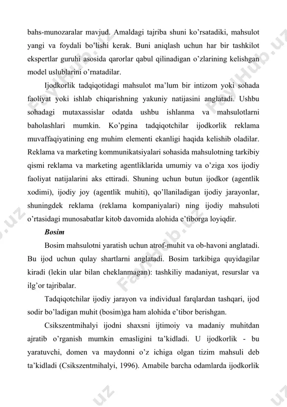 tta, ushbu qobiliyatlar bilan tug’ilishgan bo’lishsa-da, ushbu ijodiy amaliyotlardan bir nechtasini kundalik hayotingizga qo’shib qo’yish sizning to’liq ijodiy salohiyatingizga erishishda yordam berishi mumkin. 6.2-rasm. kreativ shaxs xislatlari ijodkor (kreativ) shaxs quyidagi bir qator muhim qobiliyat (xislat)larga ega bo’lishi kerak: 1. ijodkor odamlar energetik, ammo diqqati aniq biror maqsadga qaratilgan ijodkorlar jismoniy va aqliy jihatdan katta kuchga ega. ular o’zlarining e’tiborini jalb qiladigan biron bir narsa ustida ishlash uchun soatlab vaqt sarflashlari mumkin, ammo shu bilan birga g’ayratli bo’lib qolishadi. ular xayoliy va qiziquvchan va ko’p vaqtni dam olishda o’tkazadilar, jimgina o’ylab, o’zlarini qiziqtiradigan narsalar haqida mulohaza yuritadilar. 2. ijodkor odamlar aqlli, ammo ayni paytda sodda ijodkorlar aqlli bo’lishadi, ammo 2013 yildagi tadqiqotlar shuni ko’rsatdiki, iq darajasi juda yuqori bo’lishi, ijodiy yutuqlarning yuqori darajalari bilan bog’liq emas - shaxsiyat xususiyatlari ham muhimdir. lyuis termanning iqtidorli bolalarni o’rganish bo’yicha tadqiqotida, masalan, iq darajasi yuqori bo’lgan bolalar umuman hayotda yaxshiroq ishlashlarini ko’rsatdilar, ammo …