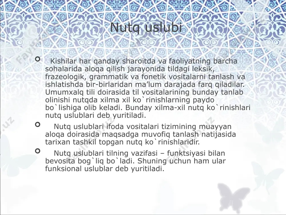 ish, ko`riladi, beriladi, bo`shatilsin; bu uslubda uyushiq bo`lakli gaplar keng qo`llanilib, ayrim o`rinlarda bo`laklar soni 8-10 taga yetishi mumkin; qo`shma gaplardan, xususan, shart ergash gapli qo`shma gaplardan keng foydalaniladi; so`roq va undov gaplar deyarli qo`llanilmaydi, asosan, darak va buyruq gaplar ishlatiladi. rasmiy ish yuritish uslublari ilmiy uslub ilmiy uslub fan, texnika va ishlab chiqarish bilan bog`liq vazifaviy uslubdir. u o`z ichida yana ilmiy texnikaviy, ilmiy-hujjat, ilmiy-ommabop, o`quv-ilmiy kabi bir necha sof ilmiy turlarga bo`linadi. ilmiy uslubning hozirgi zamon taraqqiyoti bilan bog`liq ravishda quyidagi umumiy xususiyatlari bor: axborotning ob’yektivligi, aniqligi; nutqning ma’lumotlarga boyligi; fikrning lo`nda, qisqa ifodalanishi; muallif individualligining sezilmasligi; emotsionallik, obrazlilikning bo`lmasligi; atama, chizma, ramz va jadvallarning bo`lishi; matnning siqiq sintaktik qurilmalardan tuzilishi; adabiy til me’yorlariga qat’iy amal qilinishi; fikrlarning mantiqiyligi va qat’iy tartibda bo`lishi; ellipsis hodisasining bo`lmasligi (nazarda tutilgan birorta so`zning tushib qolishi); turli xil tushunchalarni ifodalovchi otlarning ko`p ishlatilishi; otlarni, asosan, birlikda ishlatish; matnda fe’lning majhul nisbatidan foydalanish; …