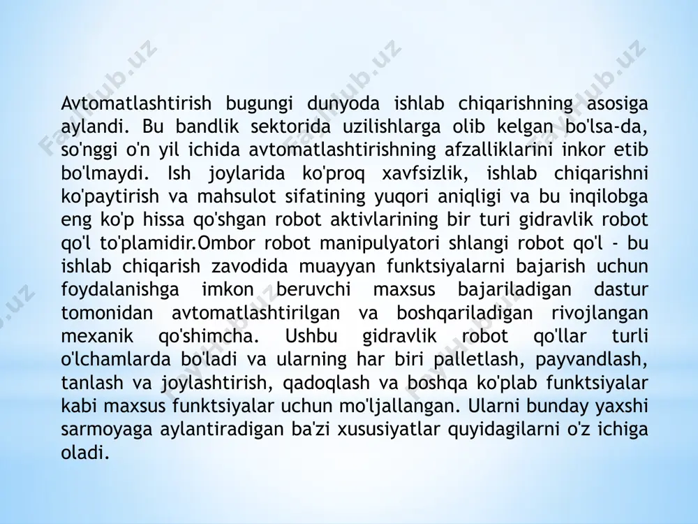 arga ishlash uchun etarli joy berilsa, ular har qanday ishni xatoga yo'l qo'ymasdan bajara oladilar. odamlar bilan birga ishlaydiganlar odamlar yoki boshqa mashinalar bilan to'qnashuvning oldini olishga, tezligini pasaytirmasdan samaradorligini yanada oshirishga imkon beruvchi sensorlar bilan jihozlangan. ishlab chiqarish jarayonini gidravlik robot qo'llar bilan avtomatlashtirish sizning daromadingizni ikki baravar oshirishning ishonchli usulidir. xarajatlarni kamaytirish faqat bitta vazifani bajarish uchun ishchilarni yollash va o'qitish narxi minglab dollarga tushishi mumkin va bu faqat ishlab chiqarish ob'ekti katta bo'lsa va ish hajmi juda katta bo'lsa, maqsadga muvofiqdir. boshqa tomondan, gidravlik robot qo'l hech qanday tayyorgarlikni talab qilmaydi, unga faqat bajarilgan buyruq kerak bo'ladi va u ko'p yillar davomida bajargan ishni boshlaydi. robotik qo'llar ham inson ishchilari kabi charchoqni boshdan kechirmaydi, ular bir lahza ham to'xtamasdan kunlar davomida ishlashi mumkin, ya'ni ishlab chiqarish kechayu kunduz davom etishi mumkin. shuningdek, ular shikastlanishga moyil emas; binobarin, kompensatsiyaga bo'lgan ehtiyoj sezilarli darajada bartaraf etildi; duch kelgan yagona …