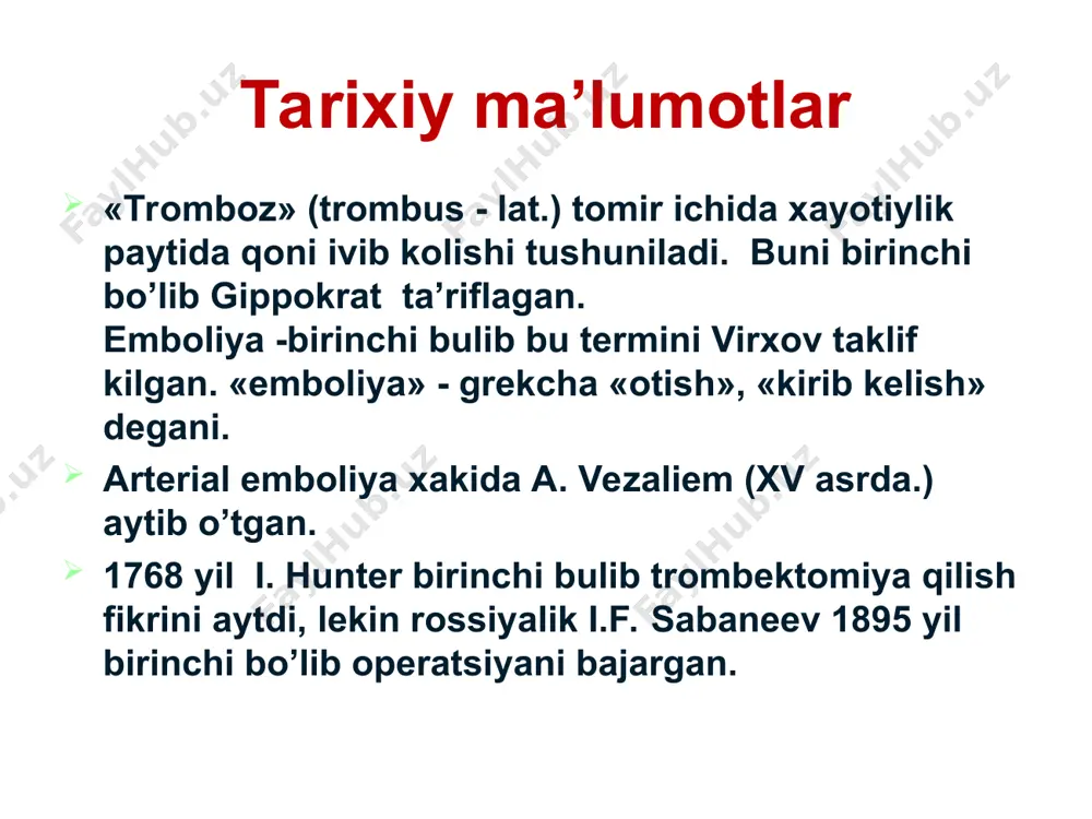 : - bemor yoshi ulug’ bo’lsa - o’tib ketuvchi oqsoqlanish bo’lsa - yurak kasali bo’lmasa - mersal aritmiyasi bo’lmasa diagnoz – o’tkir tromboz. antikogulyantlar angiospazmni bartaraf etish tromboz rivojlanishini oldini olish tomirlarni kengaytiruvchilar 4 ml 1 % no-shpa yeki 2 ml 2% papaverin тromb 15000 – 20000 еd geparin