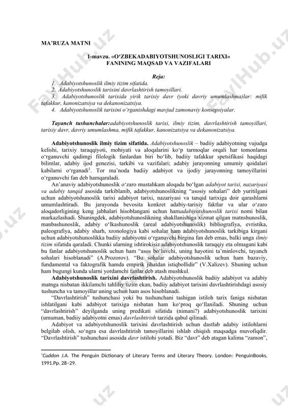 ishiga xizmat qilgan matnshunoslik, manbashunoslik, adabiy o‘lkashunoslik (areal adabiyotshunoslik) bibliografiya, evristika, paleografiya, adabiy sharh, xronologiya kabi sohalar ham adabiyotshunoslik tarkibiga kirgani uchun adabiyotshunoslikka badiiy adabiyotni o‘rganuvchi birgina fan deb emas, balki unga ilmiy tizim sifatida qaraladi. chunki ularning ishtirokisiz adabiyotshunoslik taraqqiy eta olmagani kabi bu fanlar adabiyotshunoslik uchun ham “asos bo‘luvchi, uning hayotini ta’minlovchi, tayanch sohalari hisoblanadi” (a.prozorov). “bu sohalar adabiyotshunoslik uchun ham bazaviy, fundamental va faktografik hamda empirik jihatdan istiqbollidir” (v.xalizev). shuning uchun ham bugungi kunda ularni yordamchi fanlar deb atash mushkul. adabiyotshunoslik tarixini davrlashtirish. adabiyotshunoslik badiiy adabiyot va adabiy matnga nisbatan ikkilamchi tahliliy tizim ekan, badiiy adabiyot tarixini davrlashtirishdagi asosiy tushuncha va tamoyillar uning uchun ham asos hisoblanadi. “davrlashtirish” tushunchasi yoki bu tushunchani tashigan istiloh tarix faniga nisbatan ishlatilgani kabi adabiyot tarixiga nisbatan ham ko‘proq qo‘llaniladi. shuning uchun “davrlashtirish” deyilganda uning predikati sifatida (nimani?) adabiyotshunoslik tarixini (umuman, badiiy adabiyotni emas) davrlashtirish tarzida qabul qilinadi. adabiyot va adabiyotshunoslik tarixini …
