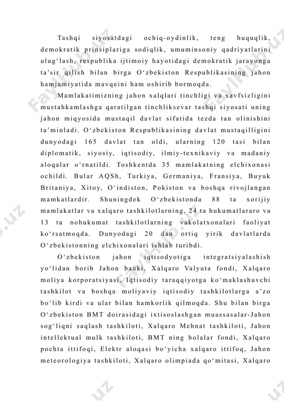 tisodiyotga xorijiy sarmoyalarni jalb etishda o‘zbekiston quyidagi tamoyillarga amal qiladi. 1. tashqi iqtisodiy faoliyatni erkinlashtirish; 2. o‘zbekiston iqtisodiyotiga xorijiy sarmoyadorlarni keng jalb qilishni ta’minlaydigan huquqiy ijtimoiy, iqtisodiy shart-sharoitlar yaratish, tashkilotlar va muassasalar tuzish; 3. ilg‘or texnologiyaning kirib kelishiga, xo‘jalik tarkibini zamonaviylashiga ko‘maklashadigan xorijiy sarmoyalarga nisbatan «ochiq eshiklar» siyosatini o‘tkazish; 4. respublika mustaqilligini ta’minlaydigan o‘ta muhim sohalarni ishlab chiqarish vositalar bilan ta’minlash hamda raqobatbardosh mahsulot ishlab chiqarishga qaratish. tashqi iqtisodiy faoliyatni erkinlashtirishni huquqiy jihatdan ta’minlovchi qonunlar qabul qilindi. «tashqi iqtisodiy faoliyat to‘g‘risida», «chet el investitsiyalari to‘g‘risida»gi va «xorijiy investorlar va investitsiyalarga kafolat berish to‘g‘risida»gi, «bankrotlik to‘g‘risida»gi qonunlar va boshqa me’yoriy hujjatlar shular jumlasiga kiradi. bu huquqiy hujjatlar tashqi iqtisodiy faoliyatni kengaytirish, xalqaro shartnomalar tuzish va ularni bajarishi uchun shart-sharoitlar yaratdi. tashqi savdo uchun imtiyozlar berildi. tovarlarni import va eksport qilish uchun bojxona to‘lovlari ancha kamaytirildi[footnoteref:5]. [5: каримов и.а. ўтмишсиз келажак, ҳамкорликсиз тараққиёт бўлмайди. юнеско ижроия кенгашида сўзлаган нутқи. «халқ сўзи» газетаси, …