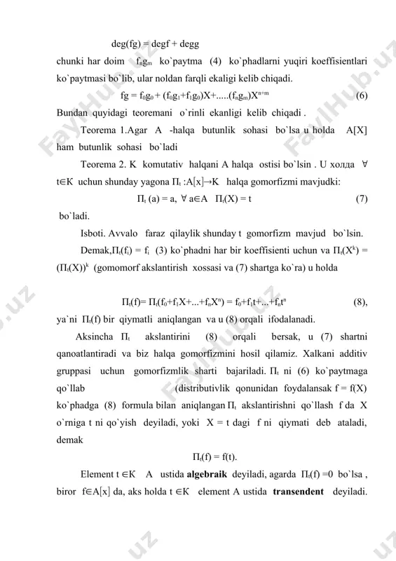 yicha induktsiyadan foydalanamiz: f = (ai1i2...inx1i2...xnin = (binxin , bunda bin= (ai1....in-1 inx1i1.....xn-1in-1 n-1 ta noma'lumli (o`zgaruvchili) ko`phad. induktiv farazga va n =1 da o`rinli ekanligidan,( (i1,...in) da f = 0 bin = 0, ( in ai1...in = 0 demak, endi f,g(a[x1,...,xn] 2 ta ko`phadni tеng dеb ataymiz, agarda bir xil bir hadlar oldidagi koeffitsеntlari ustma-ust tushsa f ko`phadni xк ga nisbatan darajasi dеb degf orqali ifodalanovchi, a(i)x(i) (a(i) ( 0) hadlarda xк ni darajasi sifatida uchraydigan eng katta butun sonni tushunamiz. i1+i2+.....in butun son х1i1 ...хnin hadning darajasi deyiladi. f ko`phadning darajasi degf deb( birhadlarining eng yuqori darajasiga aytiladi. а( x( halqa uchun olingan ko`p natijalar а(x1(...,xn( halqa uchun ham o`rinli bo`ladi. masalan, 1- tеorеmaga asoslanib va n bo`yicha induktsiyalab quyidagi faktni o`rinli ekanligini ko`ramiz: 1-теоrema. agar a- butunlik sohasi bo`lsa, u holda а(x1(...,xn( halqa ham butunlik sohasi bo`ladi. xususan, p ustidagi n o`zgaruvchili ko`phadlar halqasi butunlik sohasi bo`ladi. …