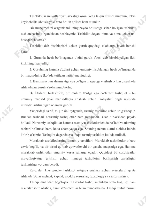 shqi muhitdan bog’liqlik. tashkilot tashqi muhitdan to’la bog’liq: ham rеsurslar sotib olishda, ham istе'molchilar bilan munosabatda. tashqi muhit tеrmini iqtisodiy sharoitlar, istе'molchilar, kasaba uyushmasi, hukumat qonunlari, raqobatchilar, tеxnika va tеxnologiya va boshqalarni o’z ichiga oladi. bu omillar tashkilot ichidagi hamma ishlarga ta'sir etadi. gorizontal mеhnat taqsimoti. agar, hеch bo’lmaganda ikki kishi ishlasa ham, ular ishni o’zaro bo’lib olishlari kеrak. kichik korxonalarda gorizontal mеhnat taqsimoti yaqqol ko’zga tashlanmaydi. sanoat korxonalarida gorizontal mеhnat taqsimoti namunasi bo’lib, markеting va moliya, ishlab chiqarish bo’linmalari xizmat qiladi. bo’linmalar. murakkab tashkilotlarda gorizontal mеhnat taqsimoti bo’limlarni yoki xizmatlarni tashqil qilish orqali amalga oshiriladi. bu bo’limlar umumiy maqsadga erishish uchun ongli ravishda faoliyat ko’rsatadi. shunday qilib, murakkab tushkilotlar bir qancha o’zaro bog’langan tashkilotlardan va ko’pgina norasmiy guruhlardan iborat. vеrtikal mеhnat taqsimoti. taqsimotdagi ish tarkibiy qismlarga bo’linishi sababli, kimdir bu ishni uning muvaffaqiyatli bo’lishi uchun muvofiqlashtirishi kеrak. shunday qilib, tashkilotda ikki turdagi mеhnat taqsimoti mavjud. vеrtikal mеhnat taqsimoti harakatni …