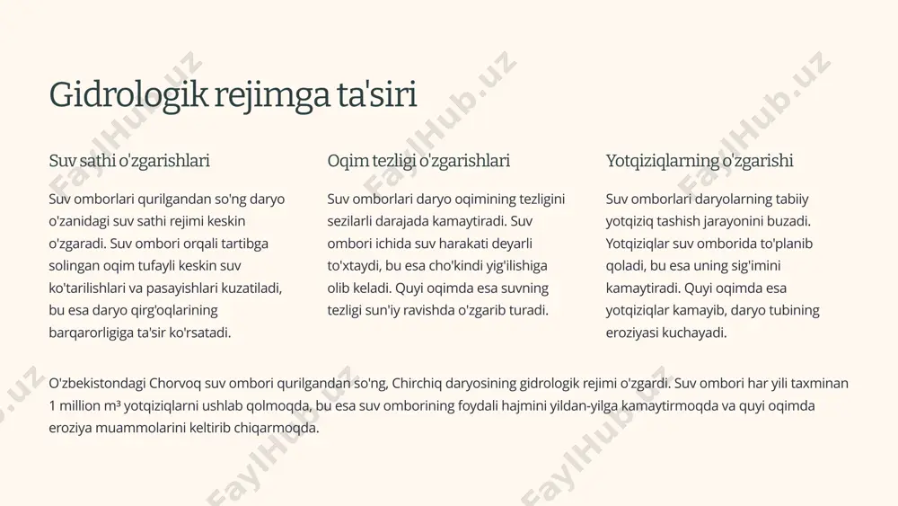 aroratiga ta'sir ko'rsatadi. yozda suv omborlari atrofidagi harorat biroz pasayadi, qishda esa aksincha, yumshatuvchi ta'sir ko'rsatadi. bu o'z navbatida qishloq xo'jaligiga ham ta'sir qiladi. bug'lanish va yog'inlar suv omborlaridan kuchli bug'lanish natijasida atmosferadagi namlik oshadi. bu esa mahalliy yog'ingarchilik miqdoriga ta'sir ko'rsatishi mumkin. o'zbekistondagi yirik suv omborlaridan yiliga 1-1,5 metr qalinlikdagi suv qatlami bug'lanib ketishi aniqlangan. issiqxona gazlari emissiyasi suv omborlari qurilgandan so'ng suv ostida qolgan o'simliklar va organik moddalarning chirishi natijasida metan va karbonat angidrid gazlari ajralib chiqadi. bu gazlar global iqlim o'zgarishiga o'z hissasini qo'shadi. tadqiqotlar shuni ko'rsatadiki, markaziy osiyodagi yirik suv omborlari (toktogul, chorvoq, qayroqqum) atrofidagi 10-15 km radiusda mahalliy iqlim o'zgarishlari kuzatiladi. bu o'zgarishlar mavsumiy harakat temperaturasida ±2-3°c ga, namlikda esa 10-15% ga o'zgarishlarni keltirib chiqaradi. 7 ijtimoiy-iqtisodiy ta'sirlar 1 energetika gidroelektrostansiyalar orqali barqaror elektr energiyasi 2 qishloq xo'jaligi sug'orish uchun ishonchli suv ta'minoti 3 aholini ko'chirish inshoot qurish uchun aholi punktlarining ko'chirilishi 4 iqtisodiy muammolar …