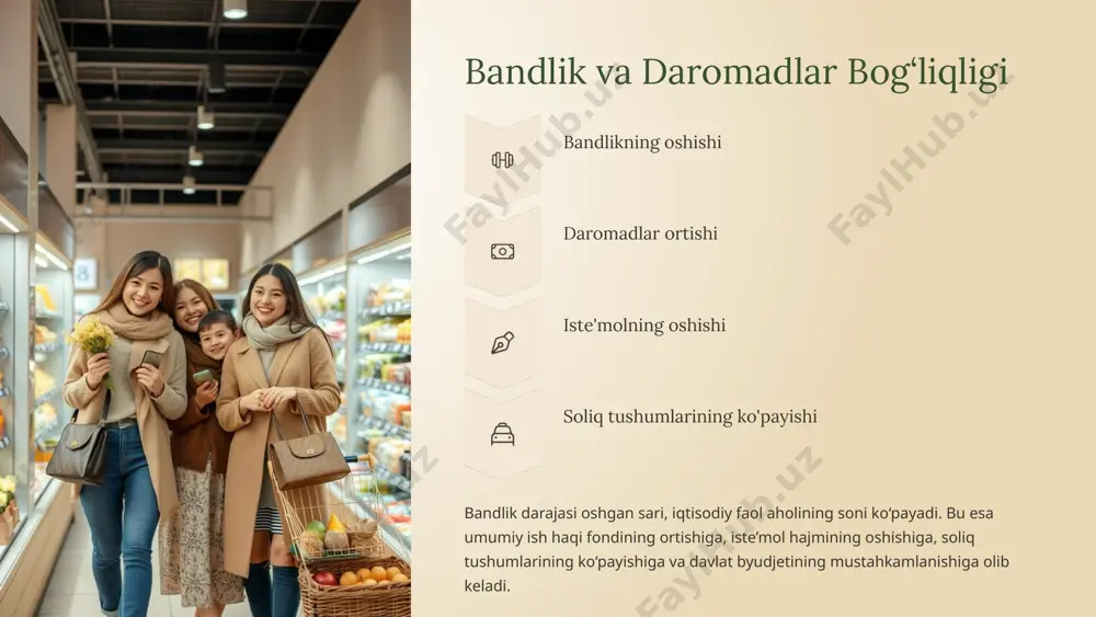 orijiy va mahalliy investitsiyalarni jalb qilish. 3 innovatsion loyihalarni rag‘batlantirish yangi texnologiyalarni joriy etishni rag‘batlantirish. bandlikni oshirish uchun tadbirkorlikni qo'llab-quvvatlash, investitsiyalarni jalb etish va innovatsion loyihalarni rag'batlantirish zarur. bu strategiyalar orqali yangi ish o'rinlari yaratiladi va iqtisodiyot rivojlanadi. 9 xulosa va tavsiyalar bandlik darajasi qanchalik yuqori bo‘lsa, aholining daromadlari shunchalik barqaror va yuqori bo‘ladi. davlat siyosatida yangi ish o‘rinlarini yaratish, kasb-hunar o‘rgatish va qayta tayyorlash dasturlarini kuchaytirish, raqamli iqtisodiyot va tadbirkorlikni rivojlantirishga e’tibor qaratish muhim. ushbu chora-tadbirlar orqali bandlikni oshirib, aholi daromadlarini barqarorlashtirish va iqtisodiy o'sishni ta'minlash mumkin. 10 image1.png image2.png image3.png image4.png image5.png image6.png image7.png image8.png image9.png image10.png image11.png image12.png image13.png image14.png image15.png image16.png image17.png image18.png image19.png image20.png image21.png image22.png image23.png