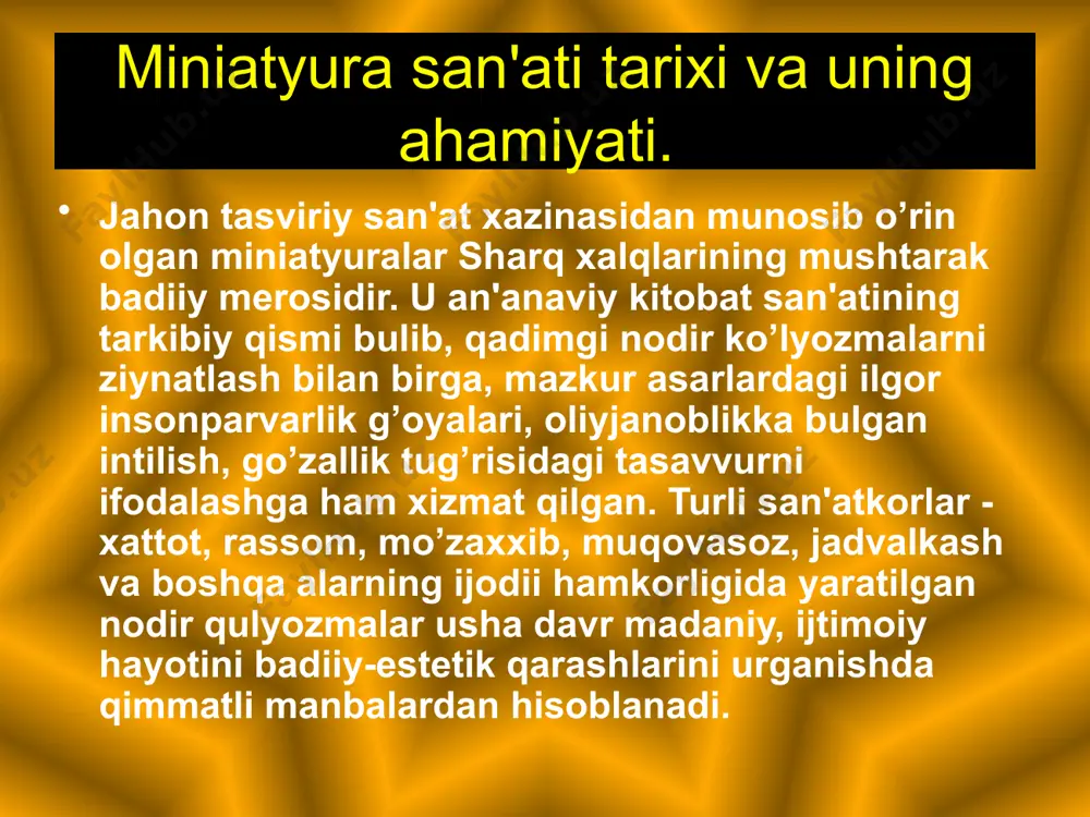 muso al-xorazmiy, abu rayxon bеruniy, mutafakkir va shoirlari abulqosim firdavsiy, nizomiy ganjaviy, amir xisrav dеhlaviy, abduraxmon jomiy, alishеr navoiy hamda maihur tarixchilar fazlullox, rashididdin, sharafiddin ali yazdiy va boshqalar katta hissa qo`shganlar. kamoliddin bexzod miniatyura maktabi sharq rafaeli o`rta osiyo miniatyura san'atida sharq rafaeli xisoblangan kamoliddin bexzod boshchiligida kamol topgan xirot miniatyura maktabining shakllanishi va taraqqiyoti ko`p xollarda samarqand miniatyura maktabi ta'sirida amalga oshadi. bexzod miniatyura san'ati antik tarixiy ma'lumotlarga ko`ra bexzod miniatyura san'atini pir sayd axmad tabriziydan o`rgangan. pir sayd axmad tabriziy esa «umdat ul musavviriy» (musavvirlar peshvosi) nomi bilan mashxur buxorolik ustod jaxongirning shogirdi bo`lgan. ustod jaxongir esa temuriylar davri tasviriy san'atning asoschisi bo`lmish ustod gung (soqov) dan taxsil ko`rgan. xirot miniatyura maktabi bexzod raxnomolik qilgan xirot miniatyura maktabi namoyondalari eng noziq o`ta nafis asarlarida realistik tushunchalarni tom ma'noda ifoda etgan. agar biz buxoro miniatyura maktabi asarlarida, asosan tabiat manzaralariga oshuftalik yo`lini kuzatsak, xirot maktabida esa inson qiyofasini …