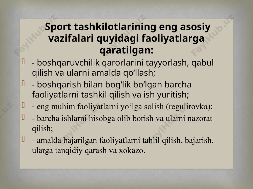 an shakli sport klubidir. respublika kasaba uyushmalari federatsiyasining 1991 yil qaroriga asosan, korxona sport klubi ommaviy-sog‘lomlashtirish va sport ishlari bo‘yicha yuqori ko‘rsatkichlarga erishgan jismoniy tarbiya jamoalaridagina tashkil etiladi.  bozor iqtisodiyoti talablaridan kelib chiqqan holda va respublika hukumatining qarorlariga binoan o‘zini-o‘zi boshqarish va moliyaviy ta’minlash bo‘yicha yirik ishlab chiqarish korxonalari, sport inshootlari, aholi istiqomat joylarida mustaqil sport klublar tashkil etilmoqda. ularning o‘z sharoitlari asosida nizom va ustavlari mavjud. shu asosida ular o‘z faoliyatlarini a’zolik badallari, pullik xizmatlar, tijorat, xomiylik kabi omillar hisobiga yuritadilar. bularga misol tariqasida «bunyodkor», «paxtakor», “dinamo” kabi sport va futbol klublarini ko‘rsatish mumkin. bunday ish usullari va ilg‘or tajribalar viloyatlarning markazlarida tennis, boks, shaxmat, ot sporti, sharqona yakka kurashlar va b.q. sport turlari bo‘yicha tashkil etilmoqda.  o‘zbekiston respublikasi maktab o‘quvchilarining «yoshlik» sport jamiyati o‘zbekiston respublikasi vazirlar mahkamasining 1999 yil 27 maydagi 271-son qarorini amalga oshirishda xalq ta’limi vazirligi yangi qadam qo‘ydi. mustaqillik yillarigacha «yosh kuch» va …
