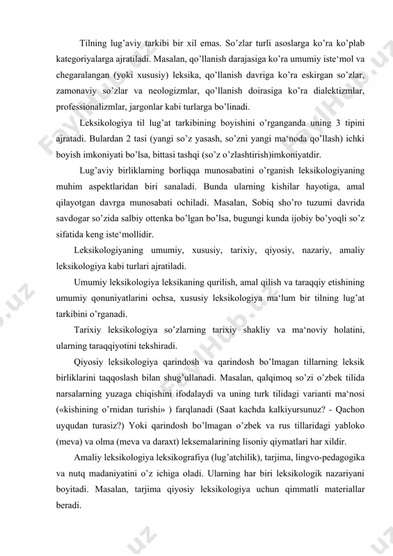 ti ma‘nosi («kishining o’rnidan turishi» ) farqlanadi (saat kachda kalkiyursunuz? - qachon uyqudan turasiz?) yoki qarindosh bo’lmagan o’zbek va rus tillaridagi yabloko (meva) va olma (meva va daraxt) leksemalarining lisoniy qiymatlari har xildir. amaliy leksikologiya leksikografiya (lug’atchilik), tarjima, lingvo-pedagogika va nutq madaniyatini o’z ichiga oladi. ularning har biri leksikologik nazariyani boyitadi. masalan, tarjima qiyosiy leksikologiya uchun qimmatli materiallar beradi. nazariy leksikologiya leksikada lisoniy va nutqiy jihatlarni farqlab, ularning tizimiy munosabatlarini tadqiq qiladi. leksikologiya o’z o’rganish predmeti tadqiqida umumlingvistik tadqiq usullari - distributiv (so’zning chegarasini belgilash, morfologik strukturasini aniqlash), substitutsiya (so’zlar ma‘noviy xususiyatlarini tahlil etish), komponent tahlil (leksema va so’zlar ma‘noviy tarkibini aniqlash), transformatsion va statistik metodlaridan foydalanadi. lyeksyema va so’z. sistem yondashuvda leksik sath birligi tilshunoslikda emik sath-lisoniy sath birliklaridan biri bo’lmish leksema atamasi bilan nomlanadi. leksema tilshunoslikning eng muhim va markaziy tushunchalaridan biri bo’lsa ham, uning mazmun va chegarasi hozirgacha aniq belgilangan, deb bo’lmaydi. bunda nazariy tilshunoslikda hukm surib …