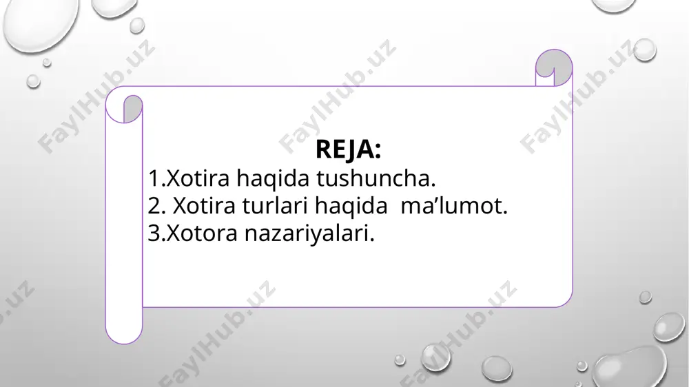 iqiy nazariyasi a.bine va byullerlar tomonidan ilgari surilib, ular xotiradagi materialni xotiraning mantiqiy esda olib qolinishi bilan bog’laydi. rivojlantiruvchi harakterga ega tamoyil 1-bosqich uchun. 2-bosqich uchun. tanbur dengiz saxovat baxt meros tabiat vatan choynak so’zana dazmol iqtisod istiqlol suhbat iste’dod gulzor jadval xotira madaniyat qog’oz diqqat hayotiylik tamoyili talabalarning xotira turlari haqidagi fikrlarini eshitish, har biri o‘zida xotiraning qaysi turi rivojlanganligini aytishi va muhokama qilishi. e’tiboringiz uchun rahmat… image3.png image4.png image5.png image7.png image8.png image9.png image2.png image1.png /docprops/thumbnail.jpeg