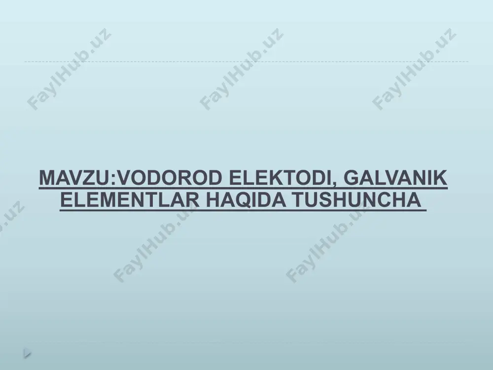ulardan ham qochish kerak. galvanik elementlar. standart elektrod potensiali haqida tushuncha. galvanik elementlarning ishlashi bir xil metallarning boshqa metallarni ularning tuzi eritmasidan siqib chiqarishiga asoslangan. chunonchi, rux plastinkasi mis sulfat eritmasiga tushirilsa, quyidagi reaksiya boradi: 0+20+2 zn + cu = cu + zn rux qaytaruvchidir, chunki u elektron beradi. bu yarim reaksiya quyidagicha ifodalanadi: zn0– 2e– = zn+2 cu2+ mis kationi oksidlovchidir, chunki u elektron qabul qilib oladi. bu jarayon quyidagi yarim reaksiya bilan ifodaladi: bu ikkala yarim reaksiya ruxning eritmaga tegib turgan qismida borib, elektronlar rux atomlaridan mis ionlariga o’tadi. bu yarim reaksiyalarni ayrim idishlarda olib borish va elektronlarni tashqi zanjir orqali o’tkazish mumkin. oksilanish-qaytarilish reaksiyasini bunday amalga oshirish natijasida reaksiya energiyasi elektr energiyaga aylanadi. kimyoviy reaksiyalar energiyasini bevosita elektr energiyasiga aylantirish uchun xizmat qiladigan qurilmalar galvanik elementlar yoki elektr tokining kimyoviy manbalari deb ataladi. etiboringiz uchun raxmat image2.jpeg image3.jpeg image4.jpeg image5.jpeg /docprops/thumbnail.jpeg