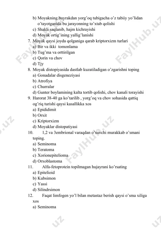 bo’lishi c) retroperitoneal limfa tugunida metastazlar topiladi d) tjy 14. xorion gonadotropin va alfa- fetoprotein qaysi o’mada miqdori ko’paymaydi a) seminoma b) teratoma c) leydigoma d) a va c 15. qaysi o’sma xili mikroskopik jihatdan sintsititrofoblastga o’xshaydi a) xorionepitelioma b) leydigoma c) tertoma d) seminoma