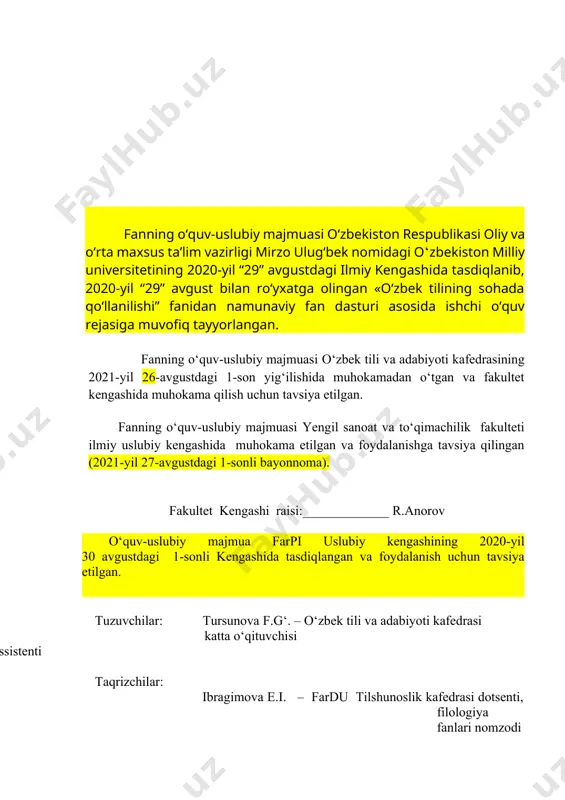 kuch” asari hamda kadrlar tayyorlash milliy dasturidan kelib chiqqan holda, talabalarda o‘zbek tili fanining predmeti, vazifalarini yoritish, fan doirasida o‘rganiladigan asosiy masalalarning mazmun – mundarijasini belgilash, o‘zbek tili fanining eng muhim sahifalari borasida tasavvur xos il qilish. fanni o‘rganish rejasi "o‘zbek tilining sohada qo‘llanilishi " fanidan o‘tiladigan mavzular va ular bo‘yicha mashg‘ulot turlariga ajratilgan soatlarning taqsimoti semestr t/r amaliy mashg‘ulot mavzulari taqsimoti soati 1 “o‘zbek tilining sohada qo‘llanishi” fanini o‘qitishning maqsad va vazifalari. 2 2 til va yozuv masalalari. 2 3 til va terminologiya. 2 4 o‘zbek tilining leksik qatlamlari. 2 5 muloqot va kommunikatsiya. yozma muloqot. muloqot texnologiyasi va texnikasi. yozma muloqot va uning xususiyatlari. mutaxassislik nutqi va uning o‘ziga xosligi. 2 6 nutq odobi. nutqning kommunikativ sifatlari. 2 7 notiqlik san’ati. g’arb va sharq notiqligi 2 8 adabiy nutq va uning uslublari. so‘zlashuv uslubi. publisistik uslub. badiiy uslub. 2 9 nutq va adabiy me’yor. og‘zaki nutq uslubining xususiyatlari. …