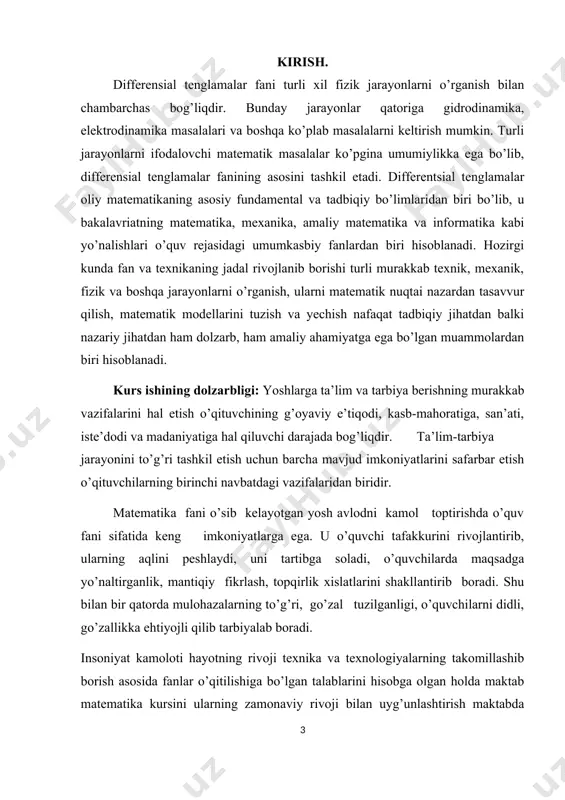 a kerak bo’ladigan jihozlarni belgilash va qo’shimcha ko’rgazmali qurollar bilan boyitish, qo’shimcha axborot texnologiyalardan foydalangan holda muammoli vaziyatni yaratishdir. dars davomida o’qituvchi o’quvchilarning jismoniy holatini, ijodkorligini, tez fikrlashlarini hisobga olishi kerak. i bob differentsial tenglamalarning normal sistemasi. 1-§. differentsial tenglamalar sistemasini yechishning noma’lumni yo’qotish usuli oddiy differentsial tenglamalar sistemasini quyidagi ko’rinishi (1.1) normal sistema deyiladi. bunda noma’lum funksiyalar, erkli o’zgaruvchi, - normal sistemaning tartibi deyiladi. (1.1) sistemani intervaldagi yechimi deb shunday ta ixtiyoriy funksiyalar to’plamiga aytiladiki, bu funksiyalar uchun quyidagi shartlar bajariladi; a) intervalda aniqlangan; b) intervalda uzluksiz differensiallanuvchi; v) ixtiyoriy uchun (1.1) sistemani ayniyatga aylantiradi. (1.1) sistemani yechimlari ichidan shartni qanoatlantiruvchi yechimini topish masalasi koshi masalasi deyiladi. agar ushbu ta o’zgarmasga bog’liq differensiallanuvchi funksiyalar sistemasi (1.2) a) larning ixtiyoriy qiymatlari uchun (1.1) sistemani qanoatlantirsa; b) koshi teoremasi shartlarini qanoatlantiruvchi sohada koshi masalasining yechimi bo’lsa, u holda (1.2) funksiyalar sistemasi (1) sistemani umumiy yechimi deyiladi. misol 1. berilgan funksiyalar berilgan …
