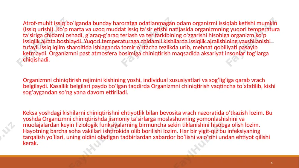 harorati oshib ketadi (40-410с ) va organizmning me'yoriy ishlashi qiyinlashadi. yana shu narsa muhimki, charchash termoregulyasiyani buzadi, shuning uchun chiniqish jarayonlarini organizm charchaganda olib borish maqsadga muvofiq emas. charchagan paytda tana juda tez sovib, harorat pasayib ketishidan saqlanish kerak. bir vaqtning o’zida or­ganizmni chiniqtiraman deb issiq yoki sovuq ta'sirini me'yoridan ko’p qabul qilmaslik ham kerak. ish payti ochiq havoda sovuq suvda cho’milish tana haroratini pasaytirishi mumkin. shuning uchun sovuq suvda tushish muddatini oshiqcha cho’zish ham mumkin emas. bunday paytlari suvdan chiqqandan keyin tana harorati tezlik bilan o’z o’rniga kelishi kerak. agar shu narsa kuzatilmasa tekshiriluvchi sovuq suvda ko’p turgan (5-10 minut-dan ziyod) degan xulosaga kelishadi. 8 sovuq suvda cho’milish me'yoridan ortiq bo’lsa ishtaha yo’qoladi, uyqu qochadi, orriqlanib ketiladi, jinsiy faoliyat buziladi. yana shu narsa kuzatiladiki, haddan tashqari ko’p mashq qilganlik dastlab organizm chiniqqanligining nospetsifik komponentiga salbiy ta'sir etar ekan (bir vaqtning o’zida spetsifik kompo­nent saqlanadi). shuning uchun ham me'yoridan ziyod …