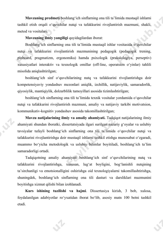 lib, asosiy matn 100 betni tashkil etadi. i.bob. o’qish va ona tili darslarida mustakil ishlar vositasida o’quvchilar lug’atini boyitish metodikasi 1.1. boshlang‘ich sinflarda o‘quvchilarni so‘z ma’nolari bilan tanishtirish usullari so‘z - tilning asosiy birligi bo‘lib, u orqali tevarak-atrofimizdagi narsa va hodisalar nomlanadi. “so‘z,- deyiladi “o‘zbek tilining izohli lug‘ati”da,- o‘z tovush qobig‘iga ega bo‘lgan, narsa-hodisalar, jarayonlar, shaxslar, belgi va miqdorlarni, xususiyatlarni, harakat va holatni, aloqa va munosabatlarni nomlash uchun xizmat qiladigan, mustaqil lug‘aviy ma’noga ega bo‘lgan, shuningdek, turli grammatik ma’no va vazifalarda qo‘llanadigan eng muhim til birligidir”. boshlang‘ich sinflarda so‘zning fikr ifodasida nutqda tutgan o‘rnidan, gapda turli ma’no va vazifalarda qo‘llanishidan kelib chiqqan holda so‘z ma’nolarini tushuntirish usullari tanlanadi. o‘qituvchi o‘qish darslariga faol nutqqa kiritiladigan, ma’nosi tushuntiriladigan so‘zlarning ma’nosini o‘quvchilar bilan birga “o‘zbek tilining izohli lug‘ati”dan topib, so‘ng ayrim so‘zlarning ma’nosini izohlashni uyga vazifa qilib bersa, jamoa bo‘lib ma’noni izohlashga rag‘bat uyg‘otsa, mustaqil faoliyatga o‘rgatish oson kechadi. “amaliy fazilatlar, odatlar ikki …