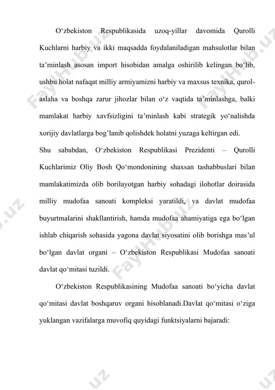 ti quyidagi prinsiplarga asoslangan: boshqa davlatlarga qarshi harbiy kuch ishlatmaslik, bundan harbiy tajovuzning oldini olish va uni daf etish hollari mustasno; xavfsizlikning bo‘linmasligi, o‘z xavfsizligini boshqa davlatlar xavfsizligi hisobiga mustahkamlashga yo‘l qo‘yilmasligi; boshqa davlatlarning ichki ishlariga aralashmaslik, ehtimol tutilgan nizolarni tinch yo‘l bilan hal etish; harbiy-siyosiy bloklarda ishtirok etmaslik, har qanday davlatlararo tuzilmadan, agar u harbiy-siyosiy blok etib o‘zgartirilsa, chiqib ketish huquqini o‘zida saqlab qolish; mudofaaning yetarli darajada bo‘lishi; harbiy qurilishning zamonaviy harbiy mojarolar xususiyatiga monand bo‘lishi; yadroviy va boshqa turdagi ommaviy qirg‘in qurolini ishlab chiqarish, olish, saqlash, tarqatish va joylashtirishdan voz kechish; markaziy osiyoda yadro qurolidan holi zona to‘g‘risidagi shartnoma prinsiplariga sodiqlik; o‘z hududida chet el harbiy bazalari va ob’ektlarining joylashtirilishiga yo‘l qo‘ymaslik; qurolli kuchlarning xorijdagi tinchlik o‘rnatish bilan bog‘liq operatsiyalarda va harbiy mojarolarda ishtirok etmasligi; xalqning ma’naviy-axloqiy qadriyatlariga va o‘ziga xos madaniy urf-odatlariga tayanish. o‘zbekiston respublikasi tinchliksevar siyosatni olib borar ekan, harbiy mojarolarning oldini olishda faol ishtirok etishni …