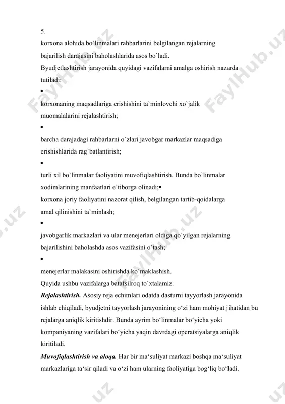 byudjetlashtirish korxona tarkibiy bo„linmalari bilan cheklanib qolmoqda. bo„linmalar xarajatlari miqdori uchun javobgarlik korxona tarkibiy bo„limlari rahbarlari zimmasiga yuklatilgan bo„ladi. bizningcha bu yondashuv moliyaviy-xo„jalik faoliyatini boshqarish vositasi sifatida byudjetlashtirish samaradorligini pasaytiradi, xarajatlar qiymatini pasaytirishdan manfaatdor korxona menejerlar doirasini chegaralaydi hamda xarajatlarni kamaytirishda korxonaning barcha 2 jablanstefanović, r. (2009), „тraditional methods for allocating costs to cost drivers“,12.world congress of accounting historians (wcah), congress proceedings vol. ii, istanbul, pp 1193-1210. 3 аткинсон э.а., банкер р.д., каплан р.с. управленческий учет/пер.с англ. а.д. рахубовского. – м.: вильямс, 2005. 4 paul a. sharman and kurt vikas, “lessons from german cost accounting,” strategic finance, december 2008,pp. 28-35.xodimlarini rag„batlantirish tizimini ishlab chiqish imkonini bermaydi. boshqa tomondan, korxona tarkibiy bo„linmalari darajasida xarajatlar markazini mustahkamlash, xarajatlar markazi bo„yicha mahsulot ishlab chiqarishda resurslarga qilinadigan xarajatlar normasini tayyorlash imkonini bermaydi. xarajatlar markazi bo„yicha xarajatlarni rejalashtirish va hisobini tashkil qilishning o„ziga xos xususiyati shundaki, bu joyda xarajatlar uning uchun to„g„ri xarajatlar bo„lib hisoblanadi. …